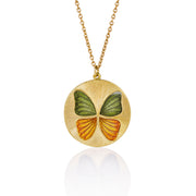 Hand made 18k gold hand engraved Enamel butterfly necklace in orange and green enamel ombre. Fine jewelry hand made in London.