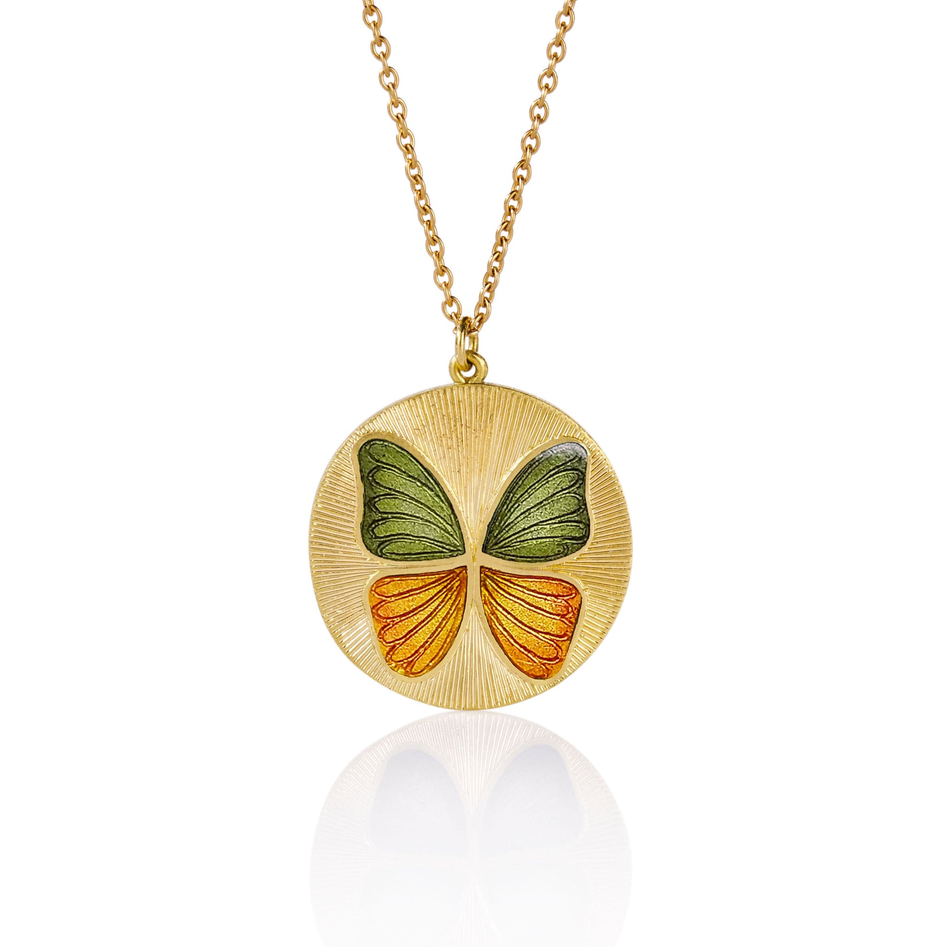 Hand made 18k gold hand engraved Enamel butterfly necklace in orange and green enamel ombre. Fine jewelry hand made in London.