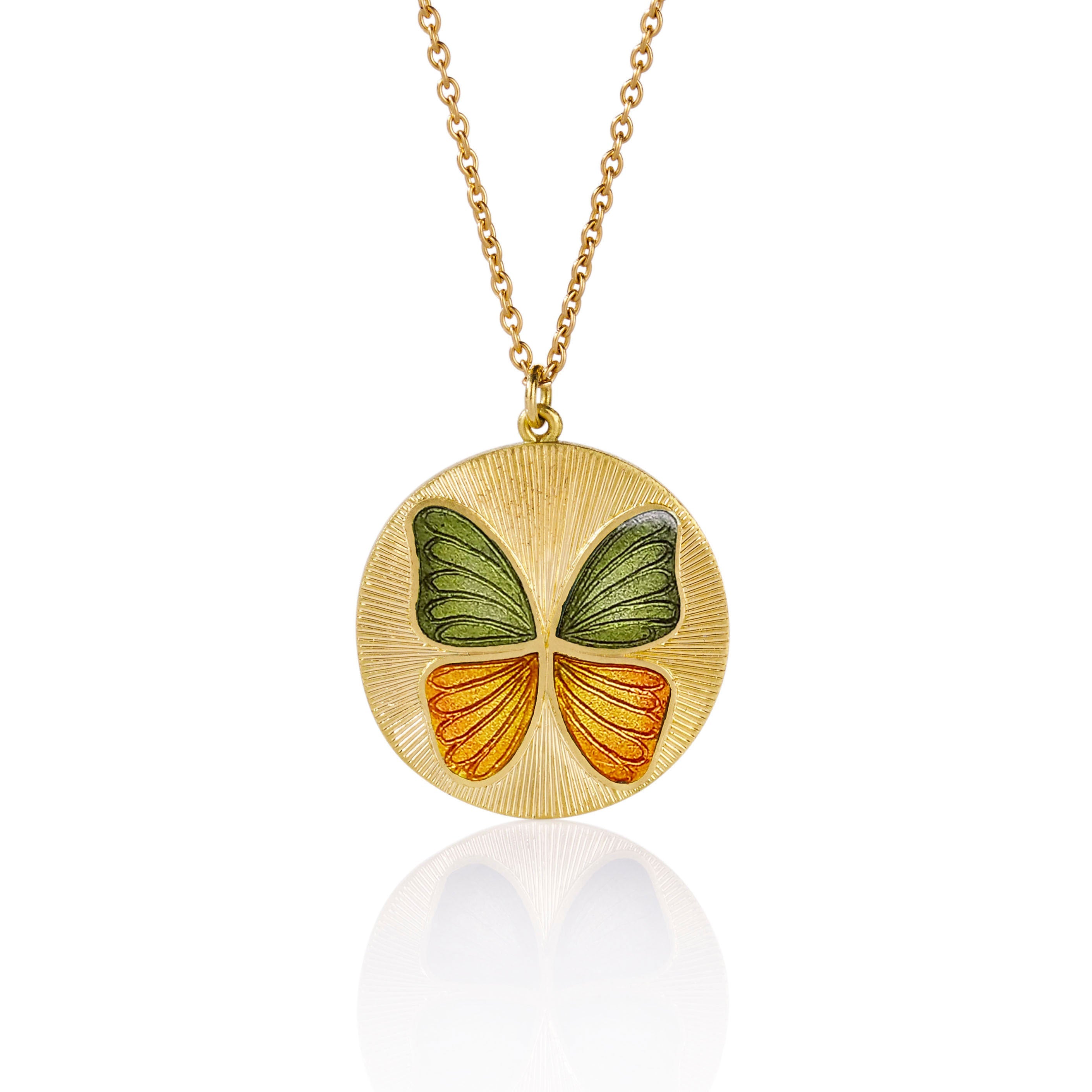 Hand made 18k gold hand engraved Enamel butterfly necklace in orange and green enamel ombre. Fine jewelry hand made in London.