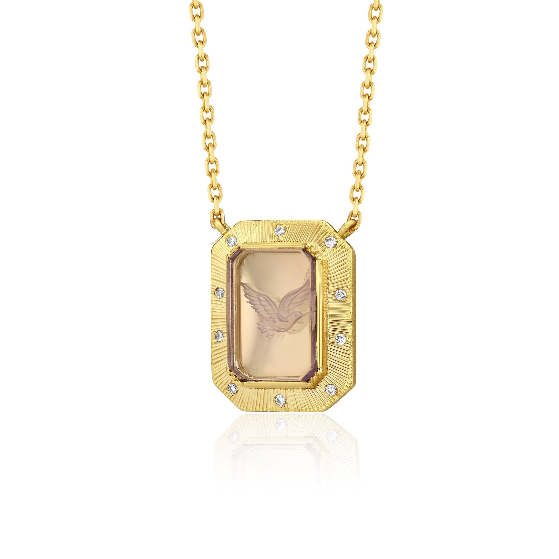 One of a kind Amethyst bird necklace with Diamond pave 18k gold engraved fine jewelry handmade in London from Los Angeles designer Brooke Gregson.