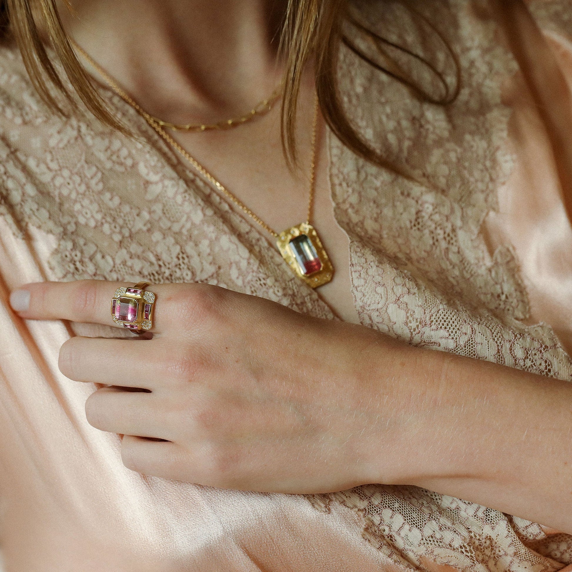 Model wearing one of a kind 18k gold  bi-color tourmaline necklace and ring with white diamond pave from Los Angeles jewelry designer Brooke Gregson.