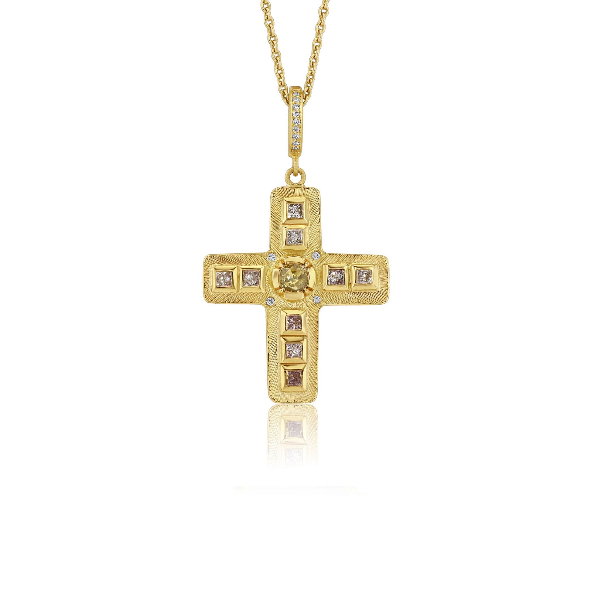 18k gold cross pendant with embedded mixed diamond stones on a white background
