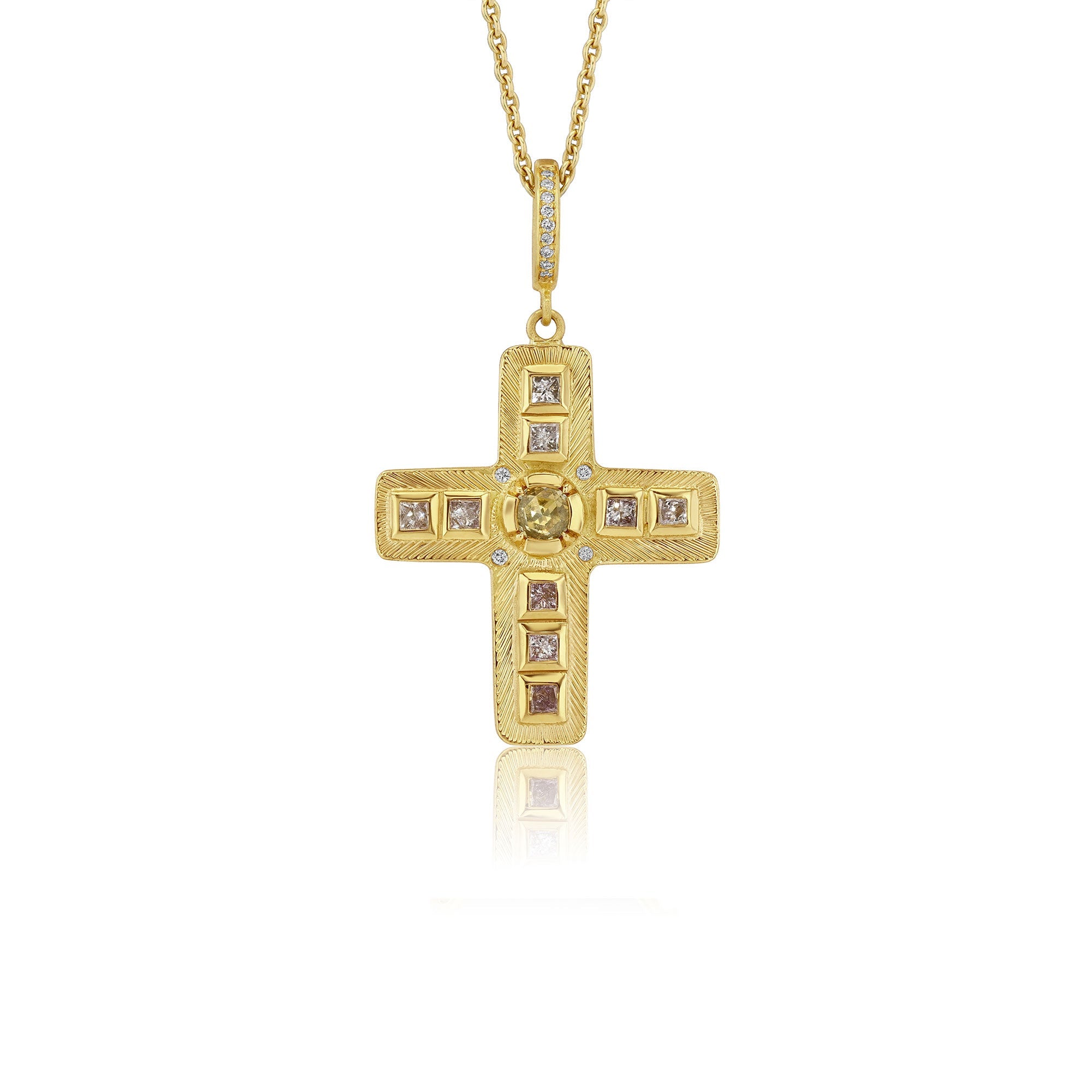 18k gold cross pendant with embedded mixed diamond stones on a white background