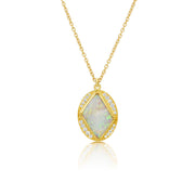 18k yellow gold necklace with a pendant featuring an opal stone and white diamond pave on a white background