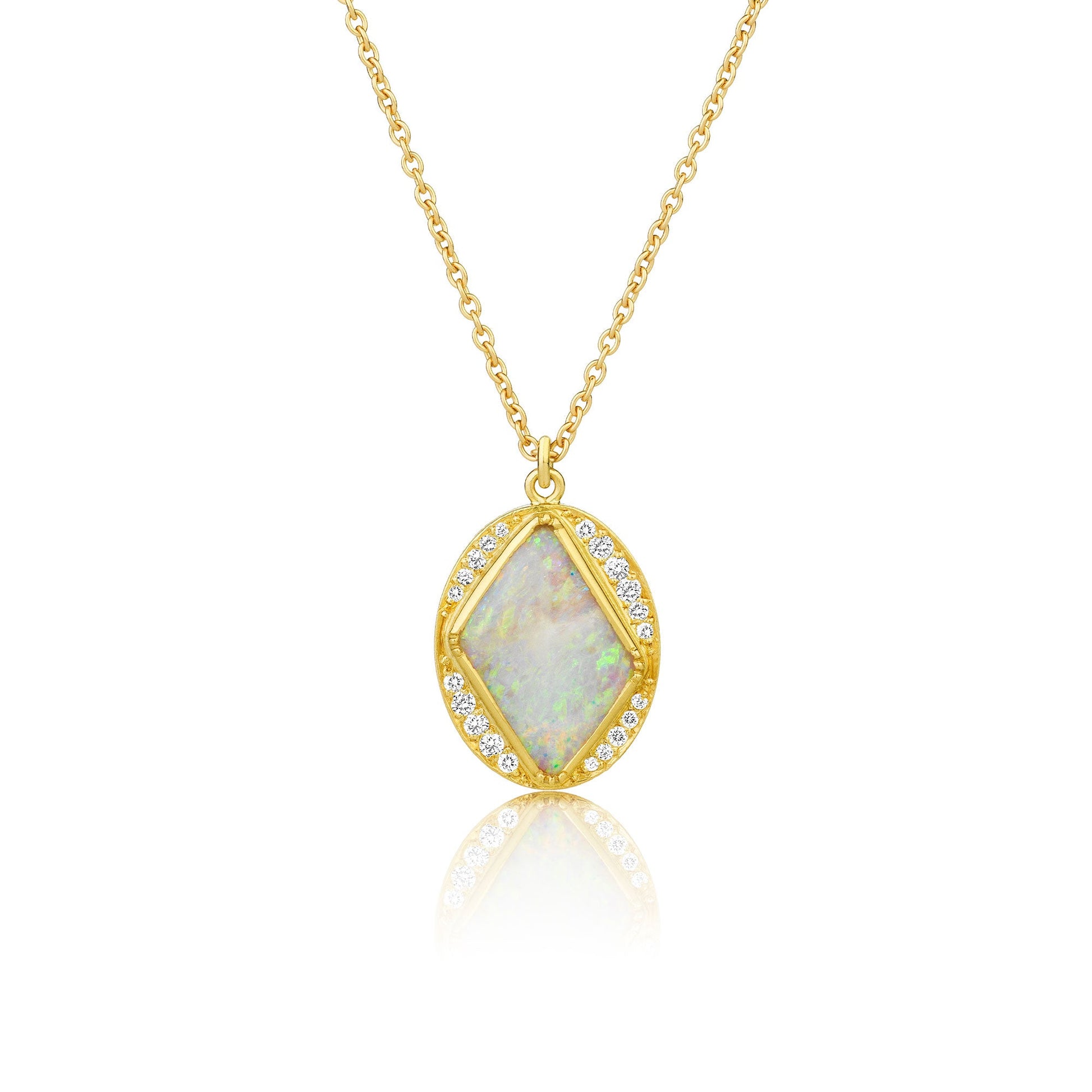 18k yellow gold necklace with a pendant featuring an opal stone and white diamond pave on a white background