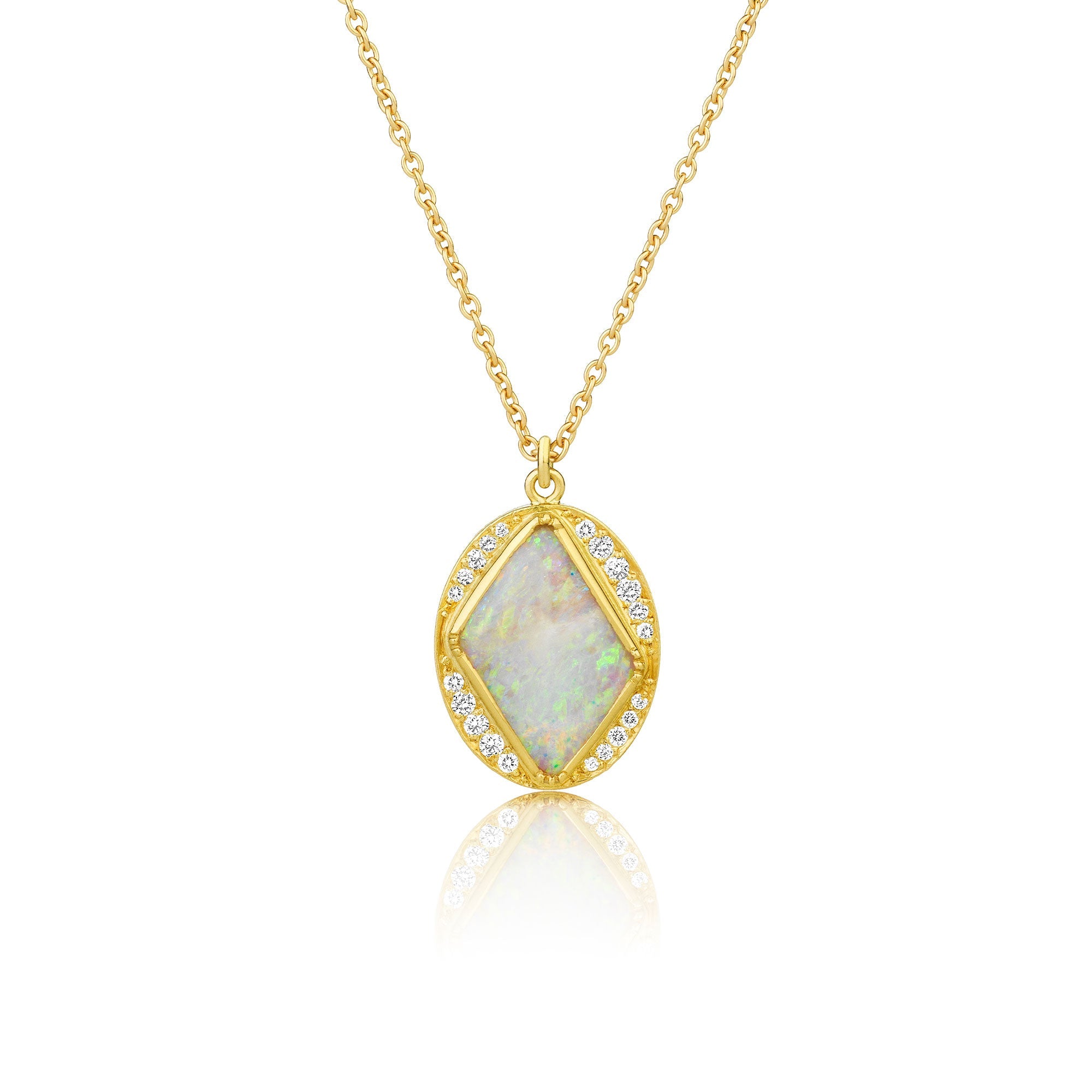 18k yellow gold necklace with a pendant featuring an opal stone and white diamond pave on a white background