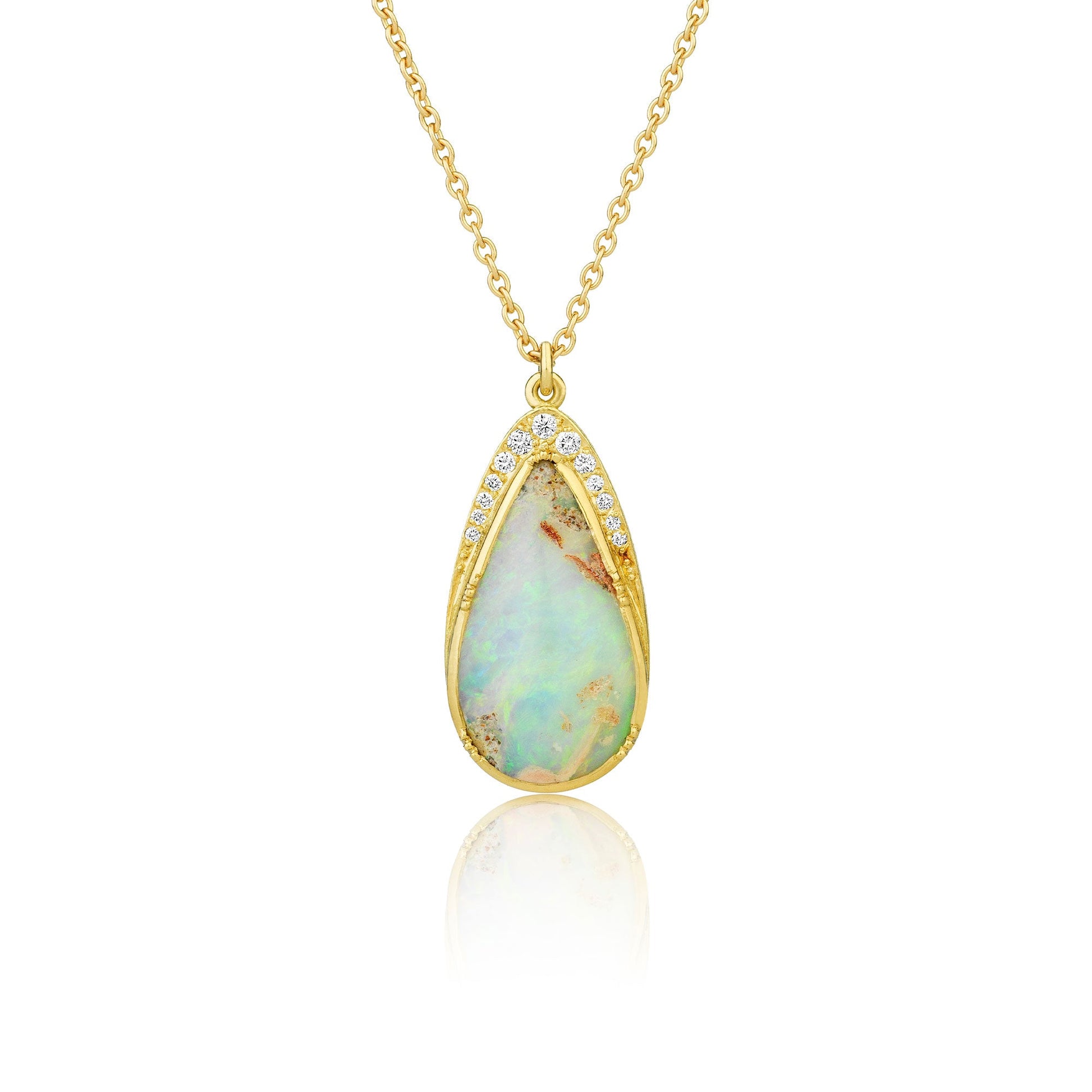 Opal pendant necklace with 18k yellow gold chain on a white background