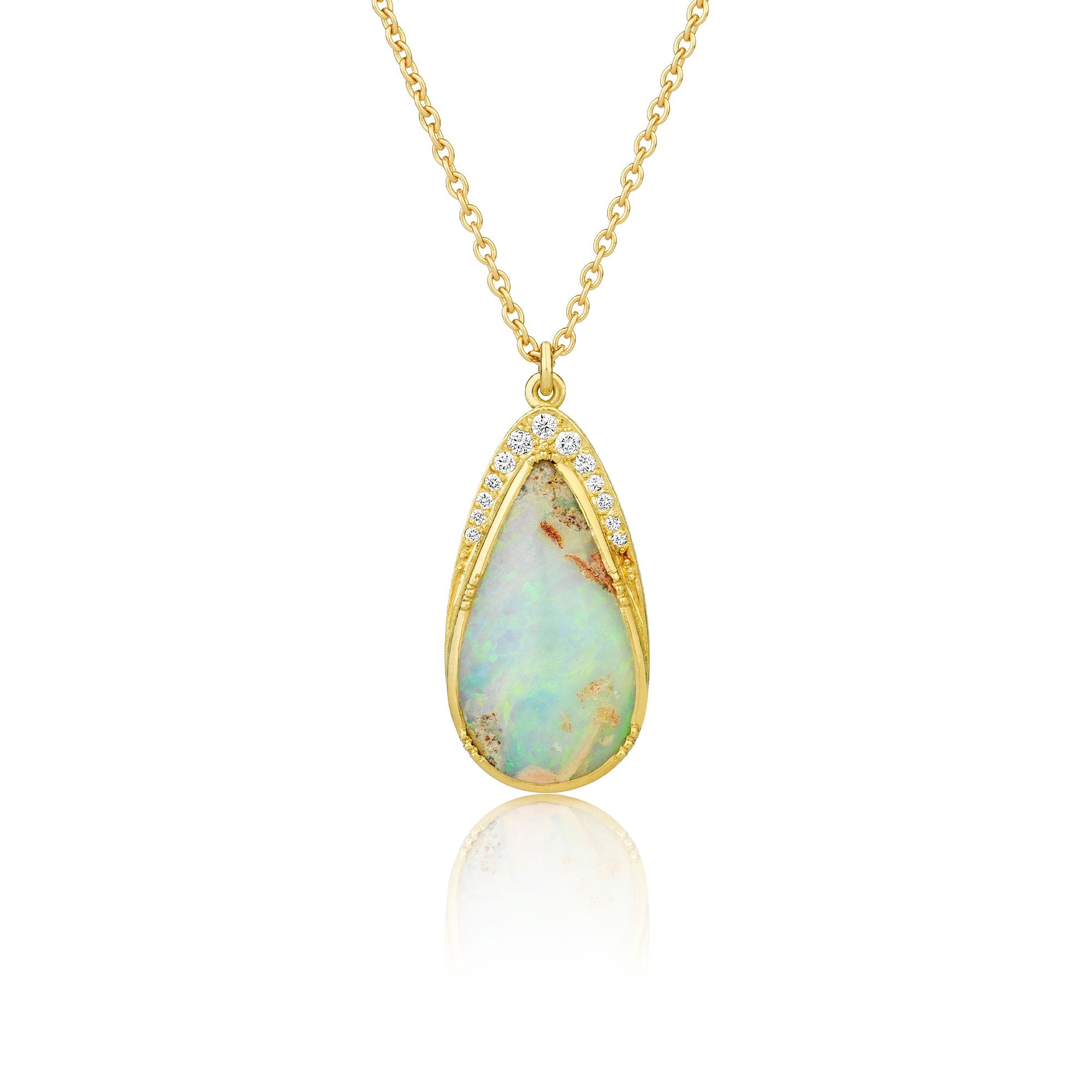 Opal pendant necklace with 18k yellow gold chain on a white background