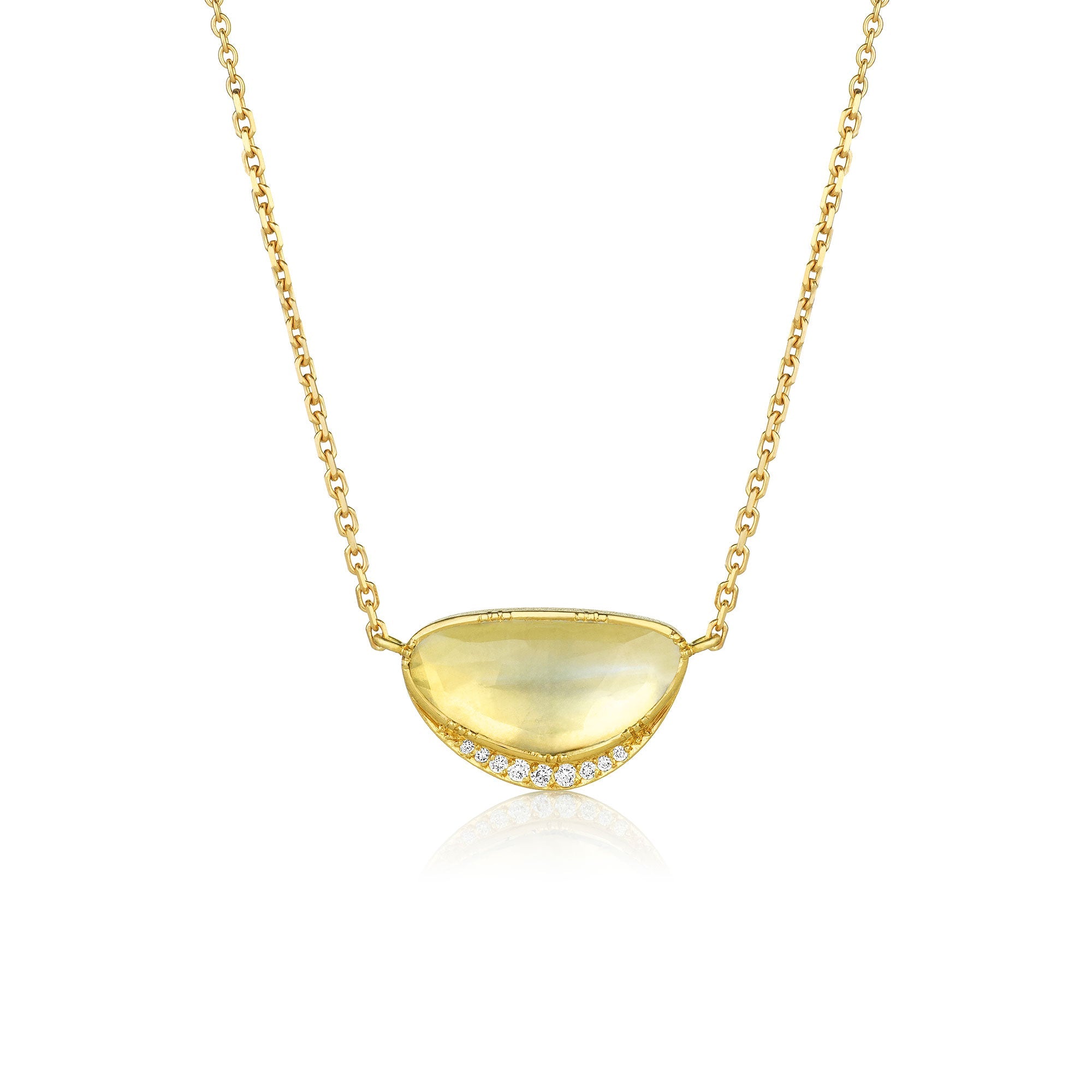 18k yellow gold necklace with a moonstone pendant with white diamond halo on a white background