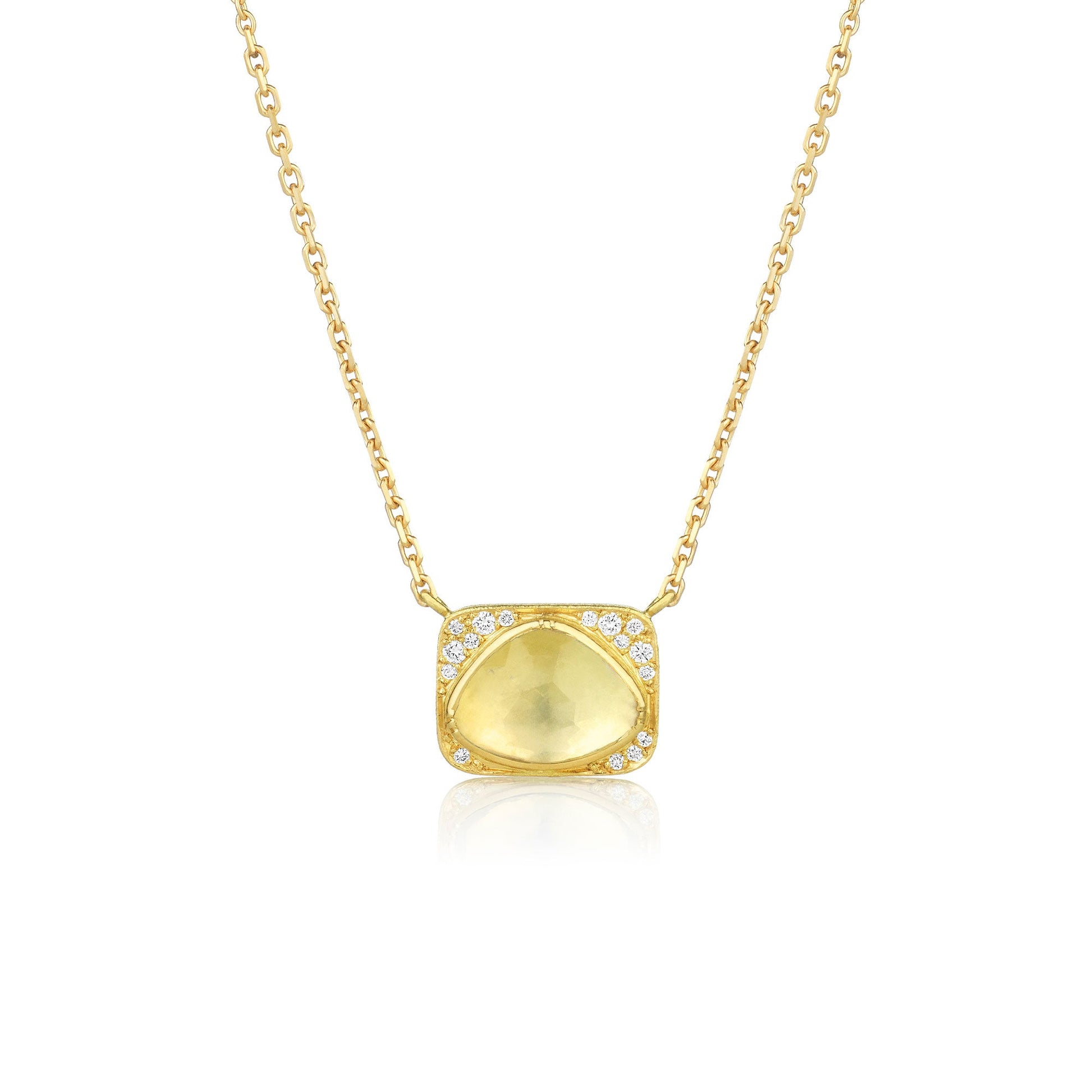 18k yellow gold necklace with a moonstone pendant and white diamond pave on a white background