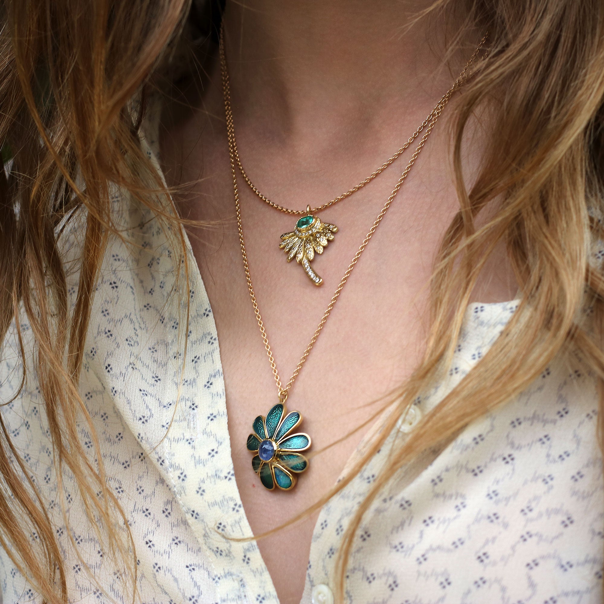Enamel Sunflower Opal Blue Sapphire Necklace