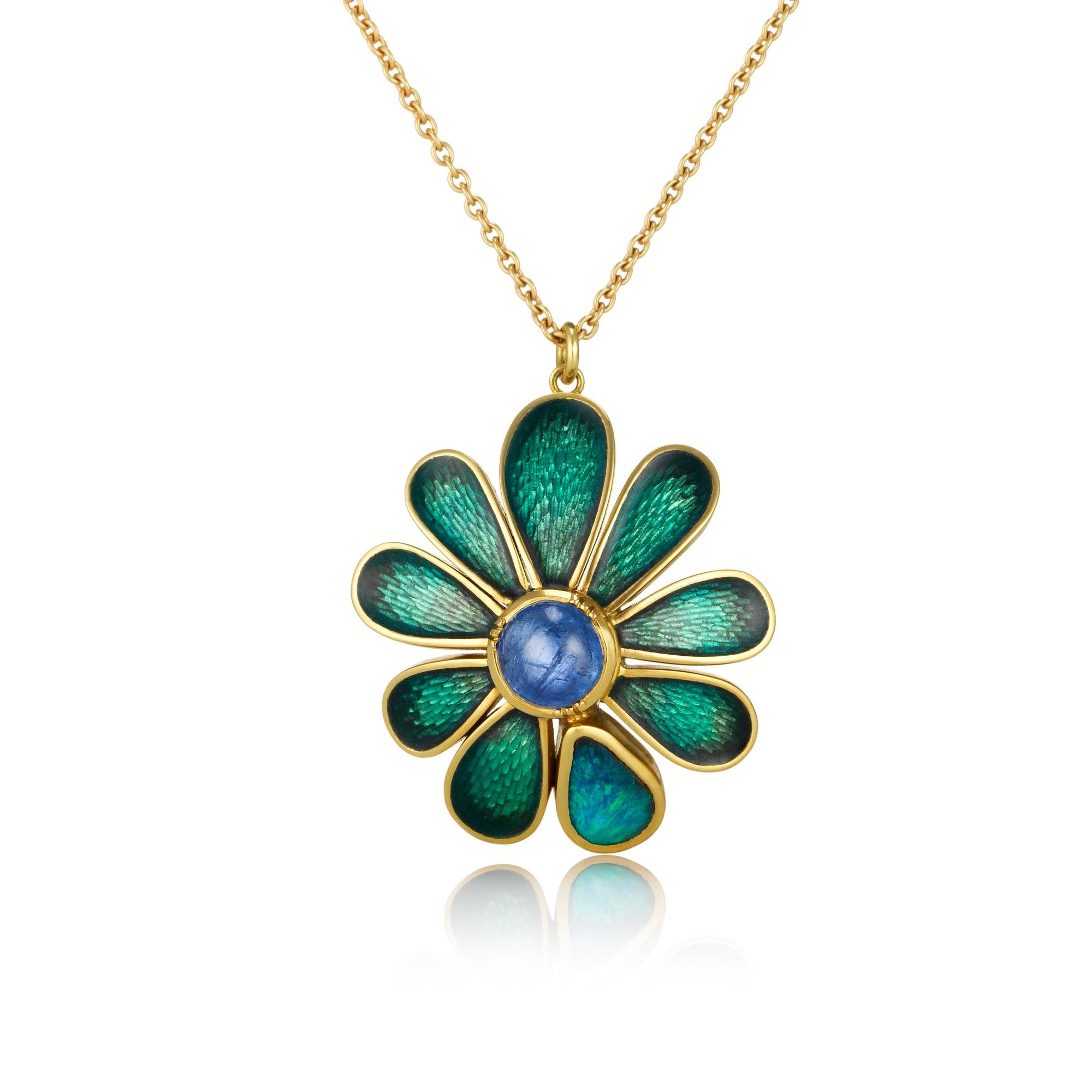 Enamel Sunflower Opal Blue Sapphire Necklace