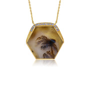 18K hexagonal pendant agate necklace with gold frame and gemstones on a white background