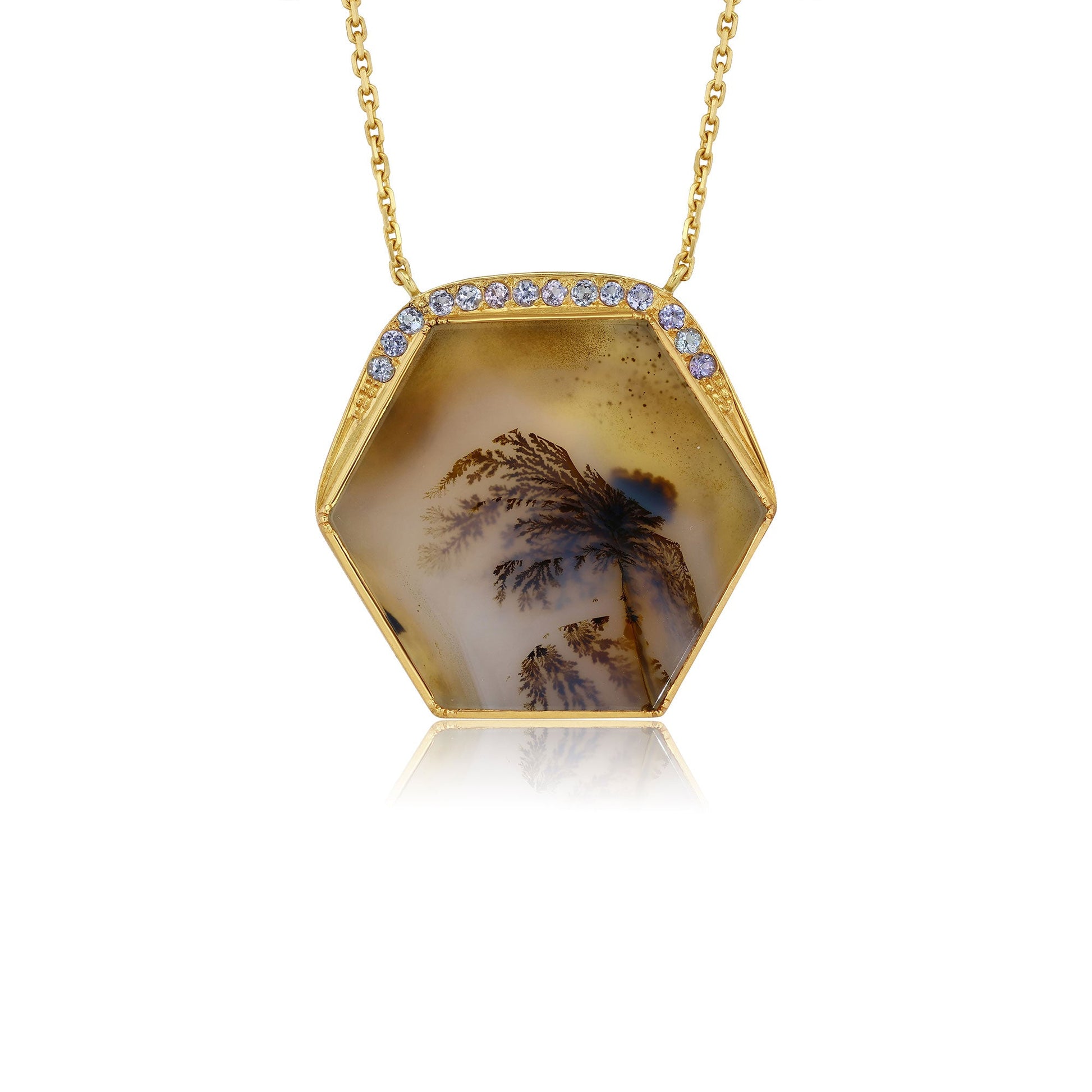 18K hexagonal pendant agate necklace with gold frame and gemstones on a white background