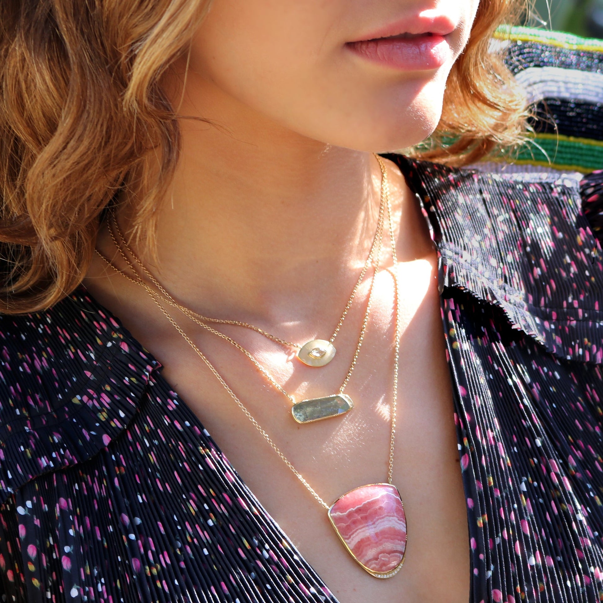 Model wearing Hand made in London Brooke Gregson 18k Gold Rhodochrosite Necklace