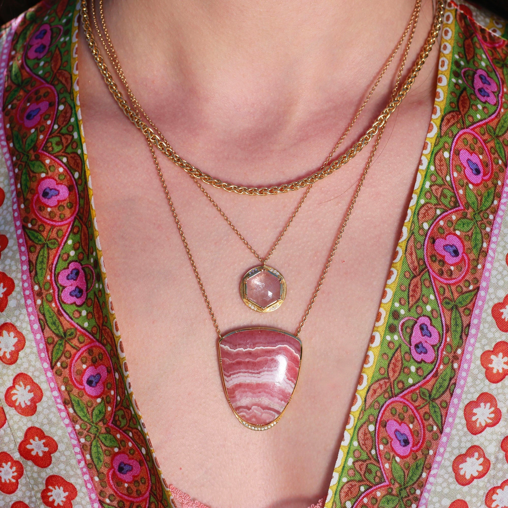 Rhodochrosite Halo Diamond Necklace