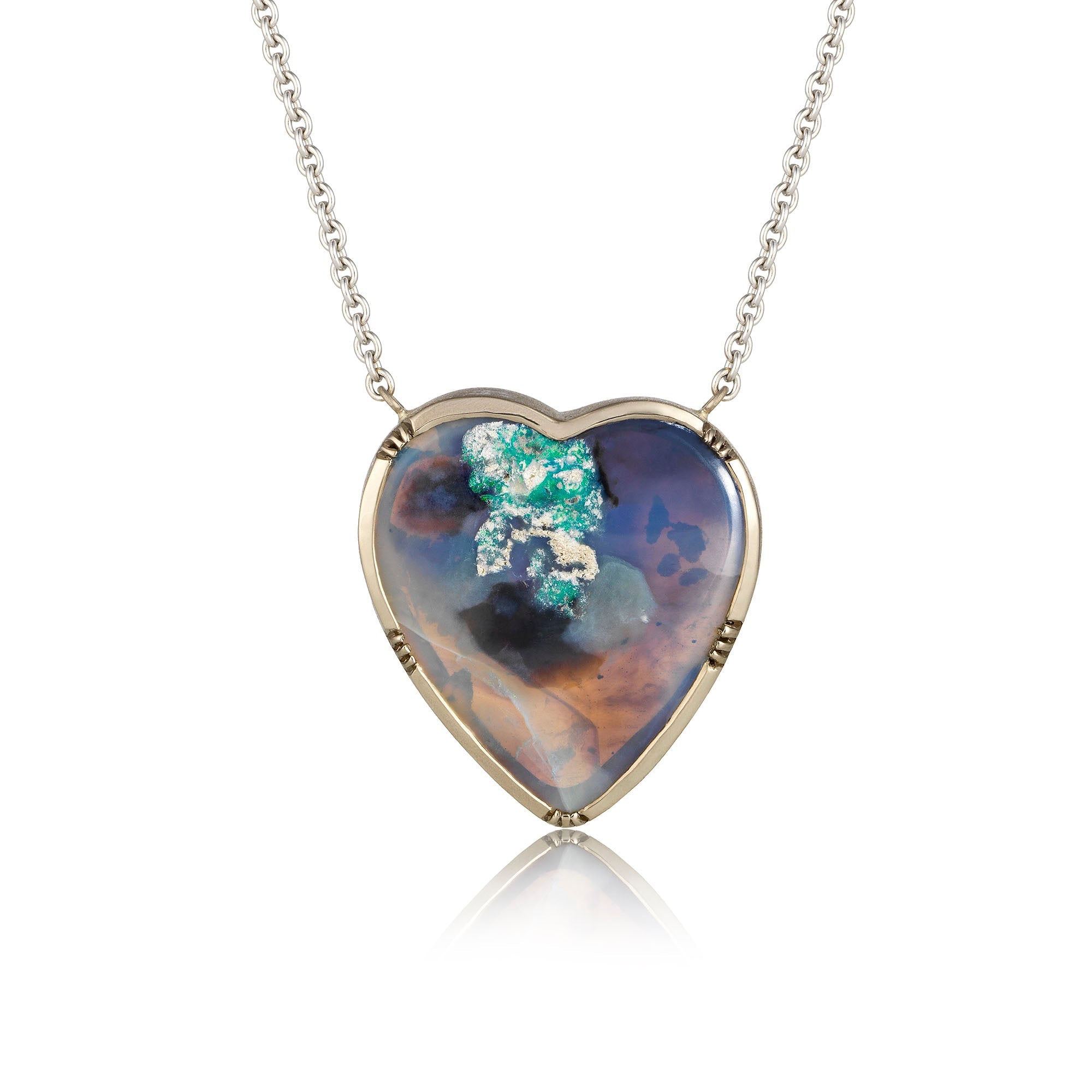 One of a kind 18k white gold heart shaped Wood Opal necklace. Fine jewelry hand made in London from Los Angeles designer Brooke Gregson.