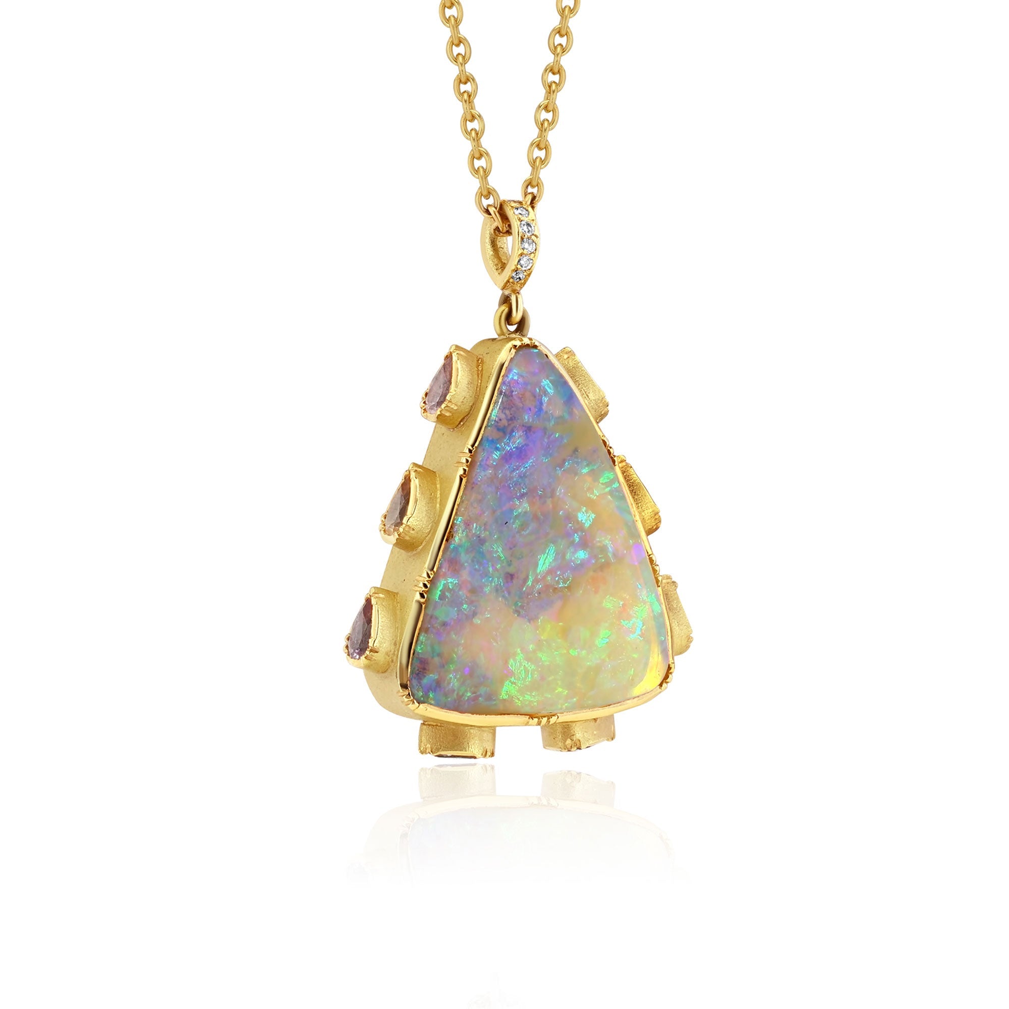 Side view One of a kind Opal Chakra necklace with Sapphire and Diamond accets from Los Angeles designer Brooke Gregson, fine jewelry handmade in London