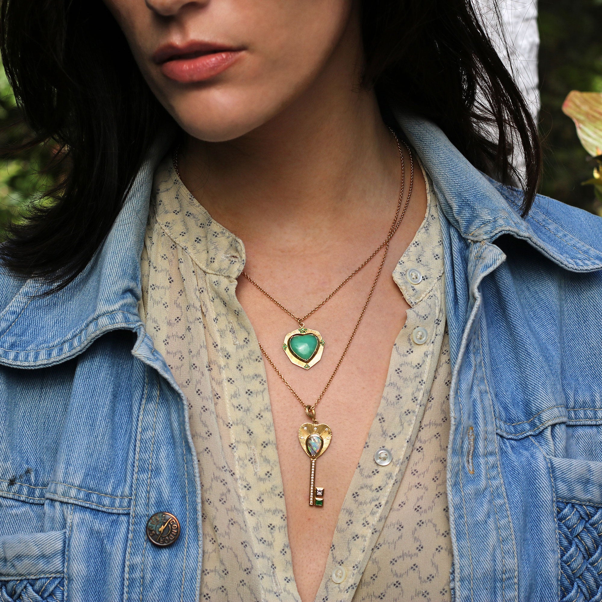 Opal Emerald Diamond Engraved Key Necklace