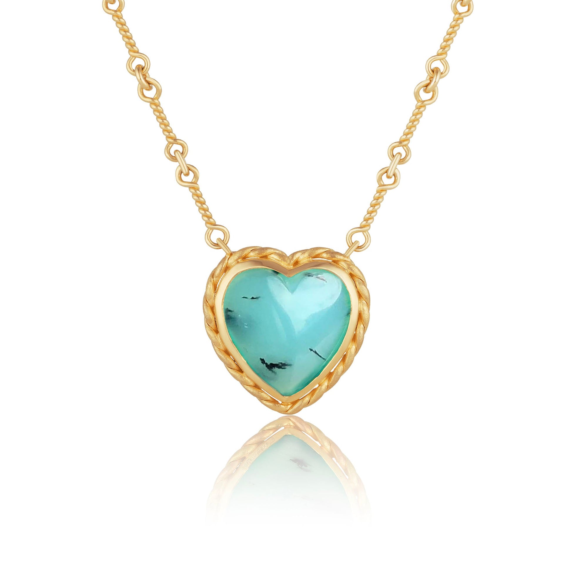 One of a kind 18k gold heart shaped Peruvian Opal necklace with twisted gold frame and hand made chain inspired by the equestrian. Fine jewelry hand made in London from Los Angeles desginer Brooke Gregson.