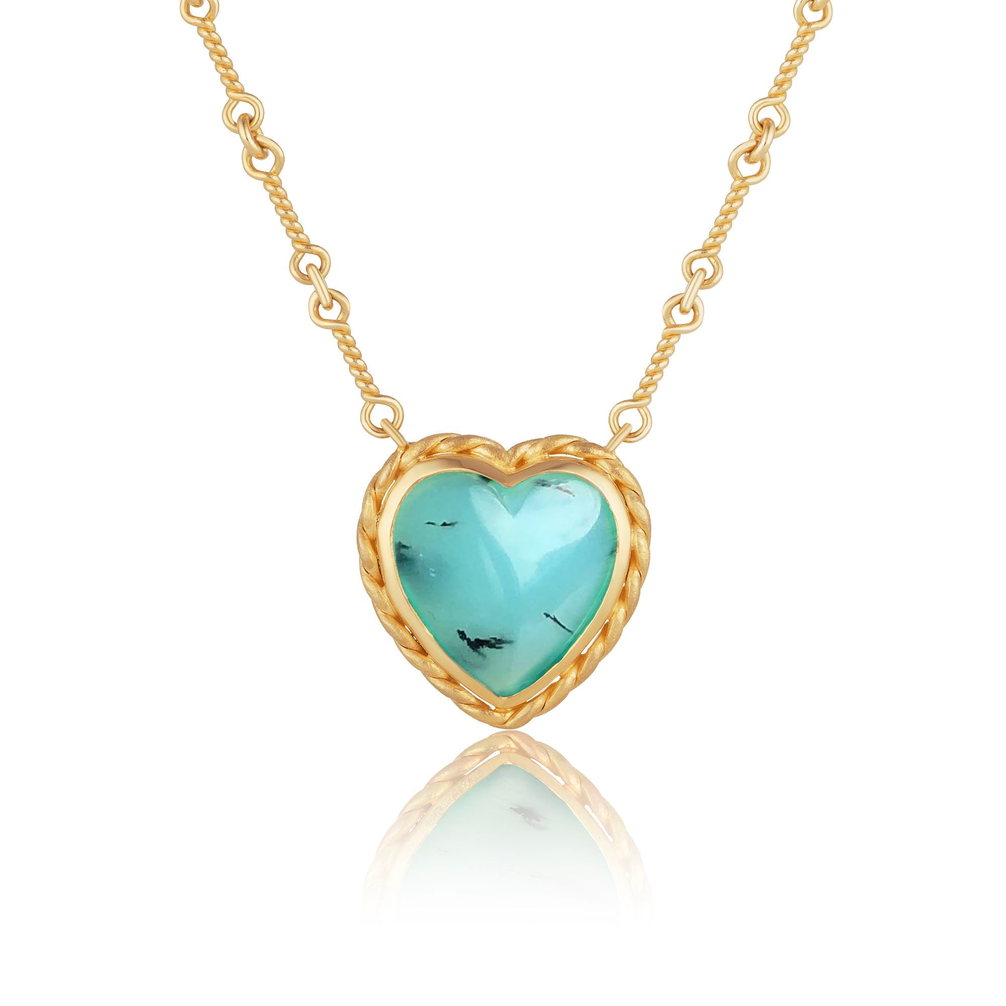 One of a kind 18k gold heart shaped Peruvian Opal necklace with twisted gold frame and hand made chain inspired by the equestrian. Fine jewelry hand made in London from Los Angeles desginer Brooke Gregson.