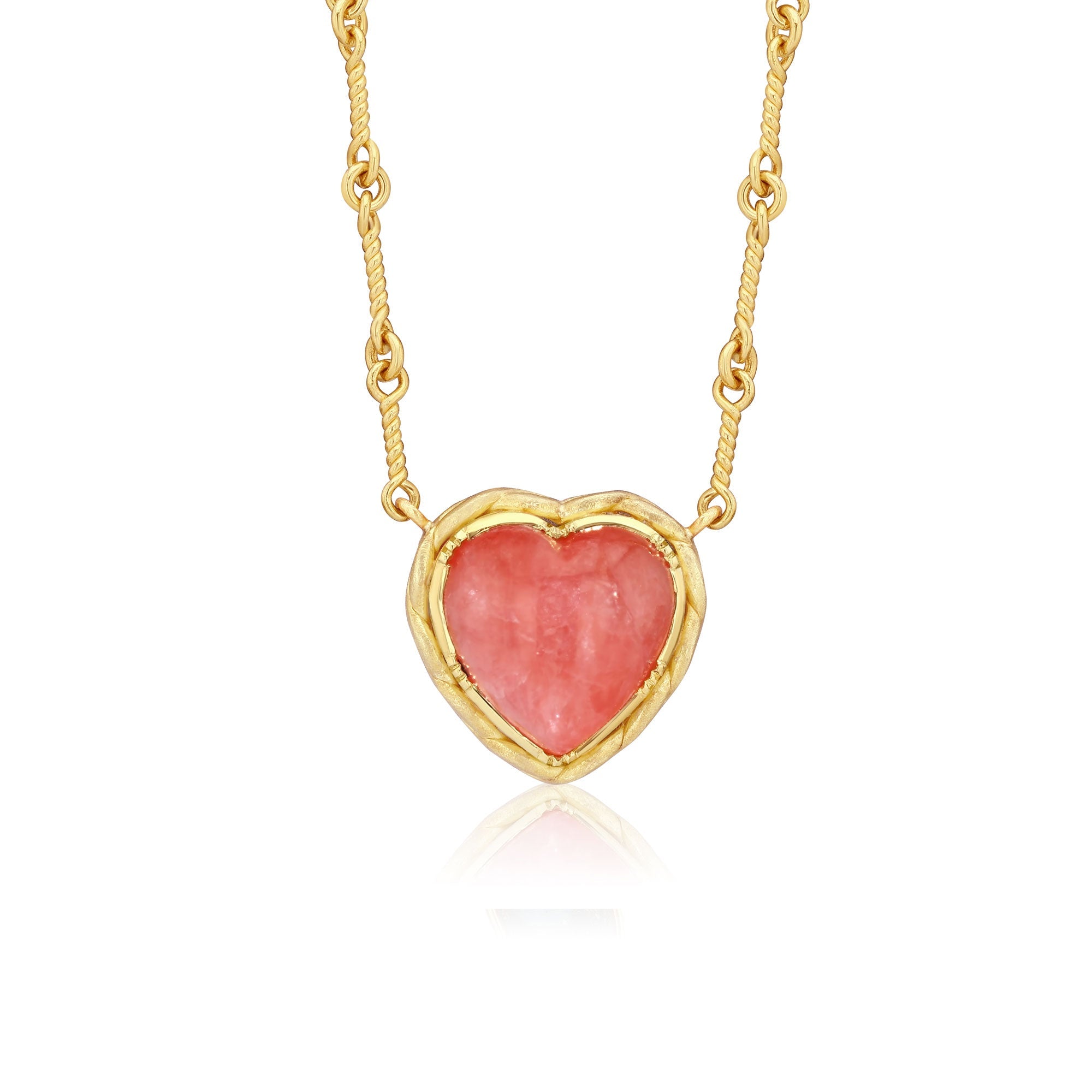 18k gold rhodochrosite heart necklace with twist rope chain from Los Angeles designer Brooke Gregson handmade in London