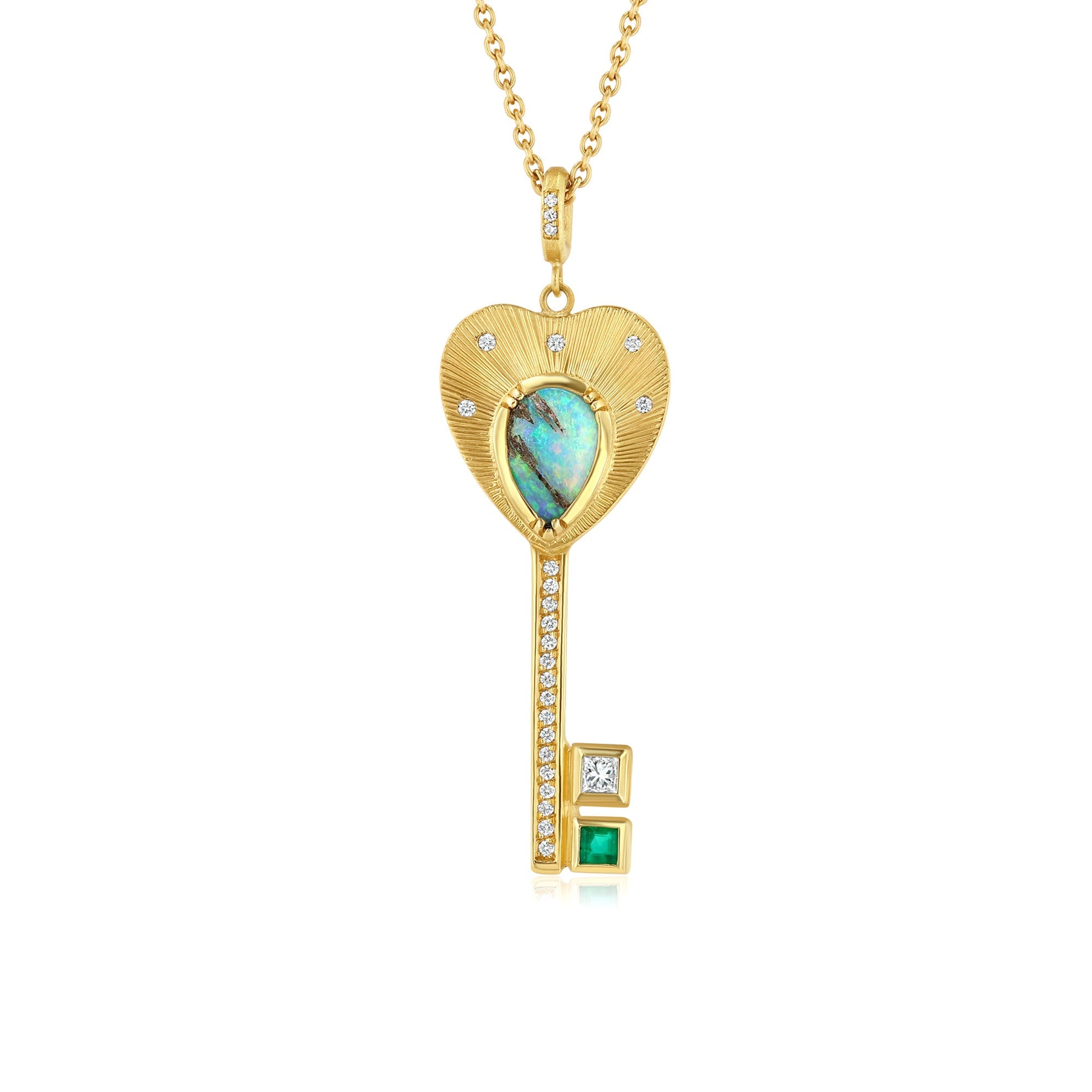 Opal Emerald Diamond Engraved Key Necklace