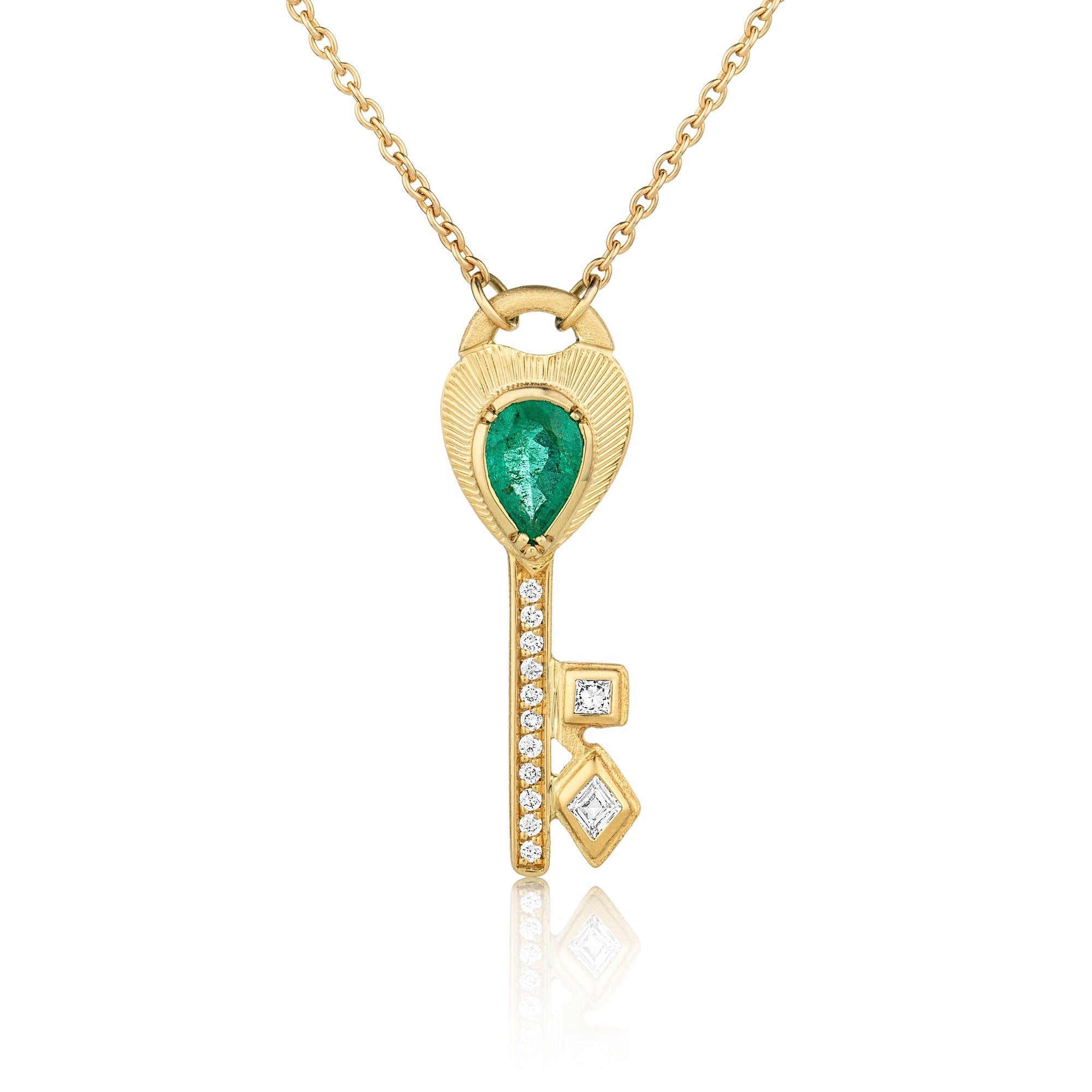 Emerald Diamond Engraved Key Necklace