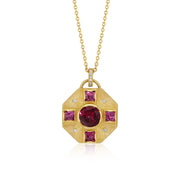 18k yellow gold Mandala Shield necklace, hand-engraved with central rhodolite garnet and diamond accents