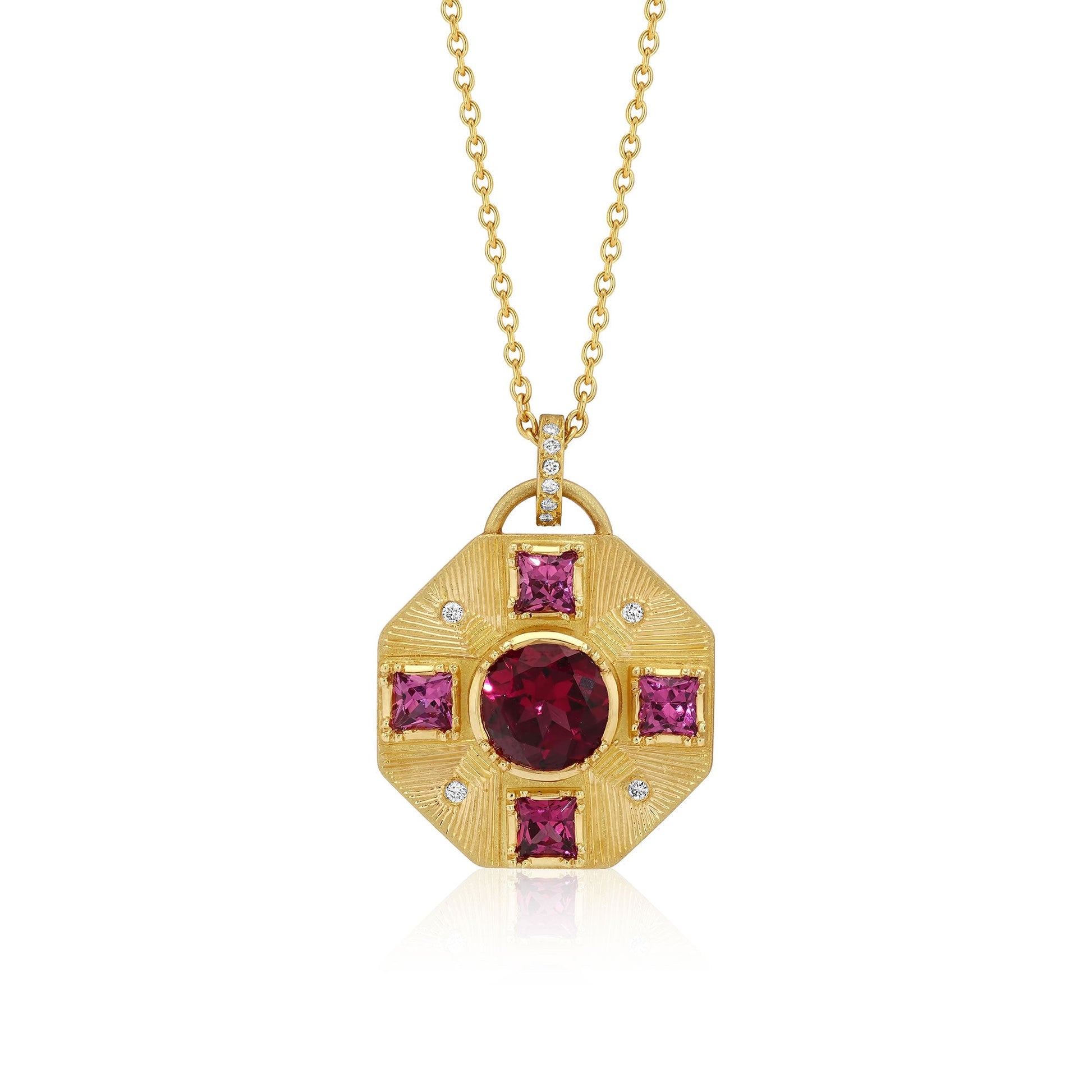 18k yellow gold Mandala Shield necklace, hand-engraved with central rhodolite garnet and diamond accents