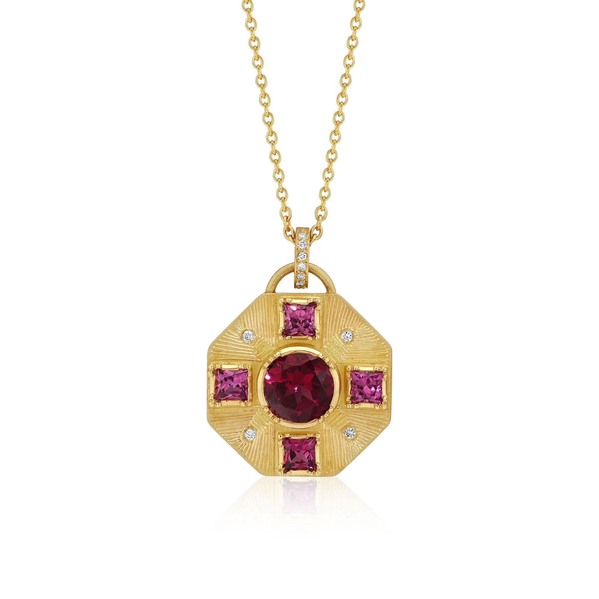 Mandala Shield Engraved Diamond Rhodolite Garnet Necklace