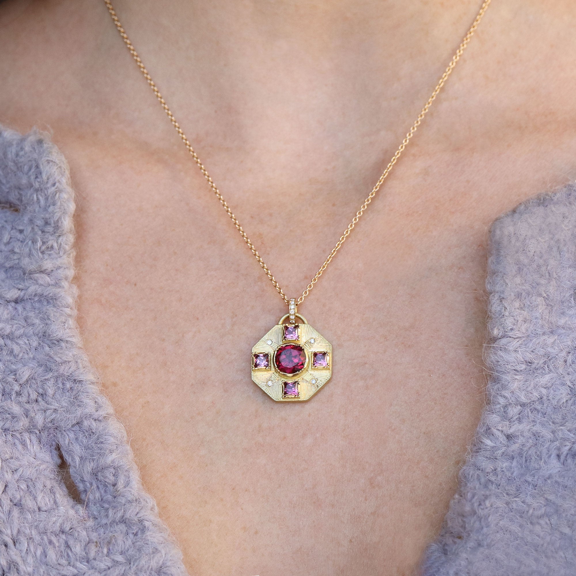 Mandala Shield Engraved Diamond Rhodolite Garnet Necklace