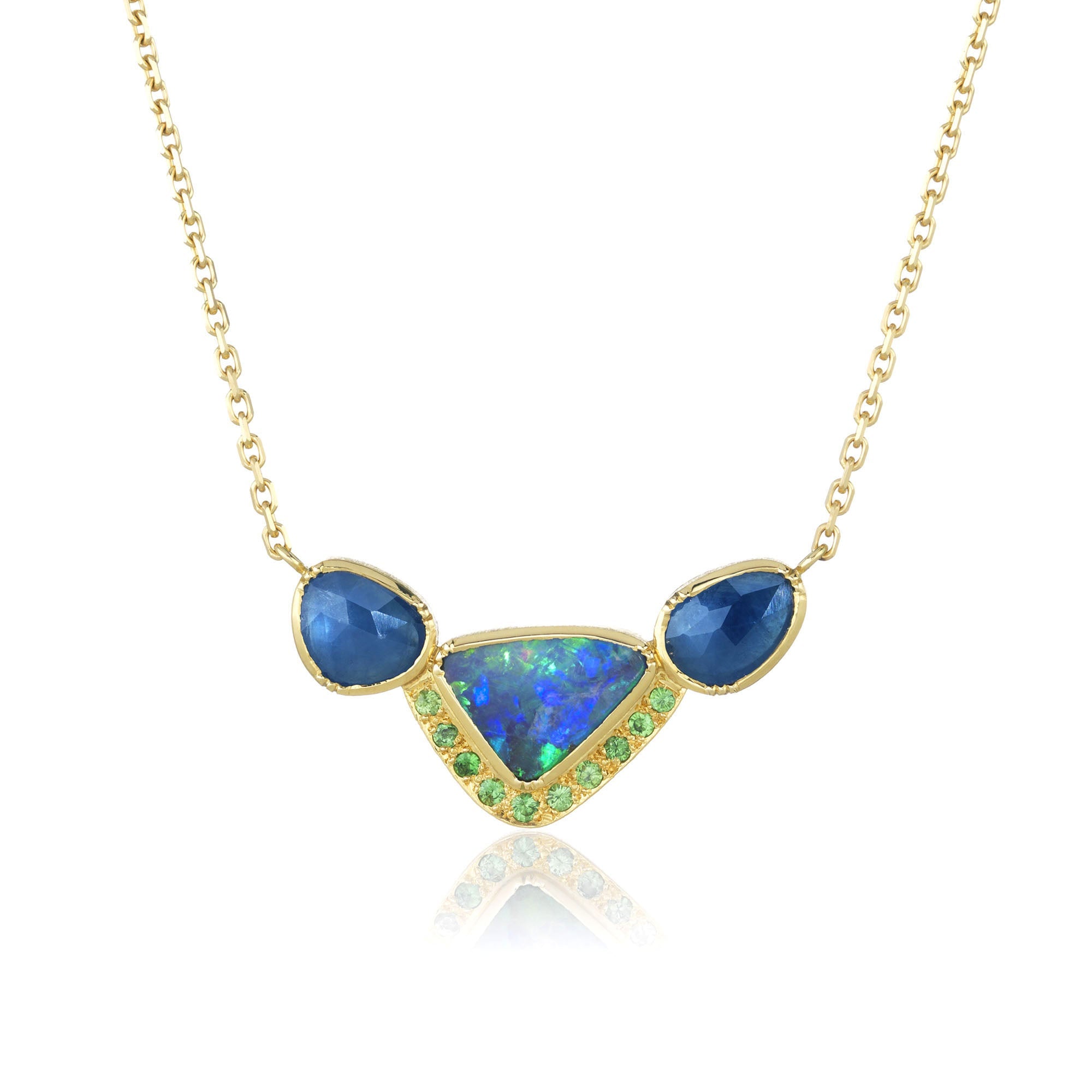 Orbit 3 Halo Boulder Opal Sapphire Tsavorite Necklace