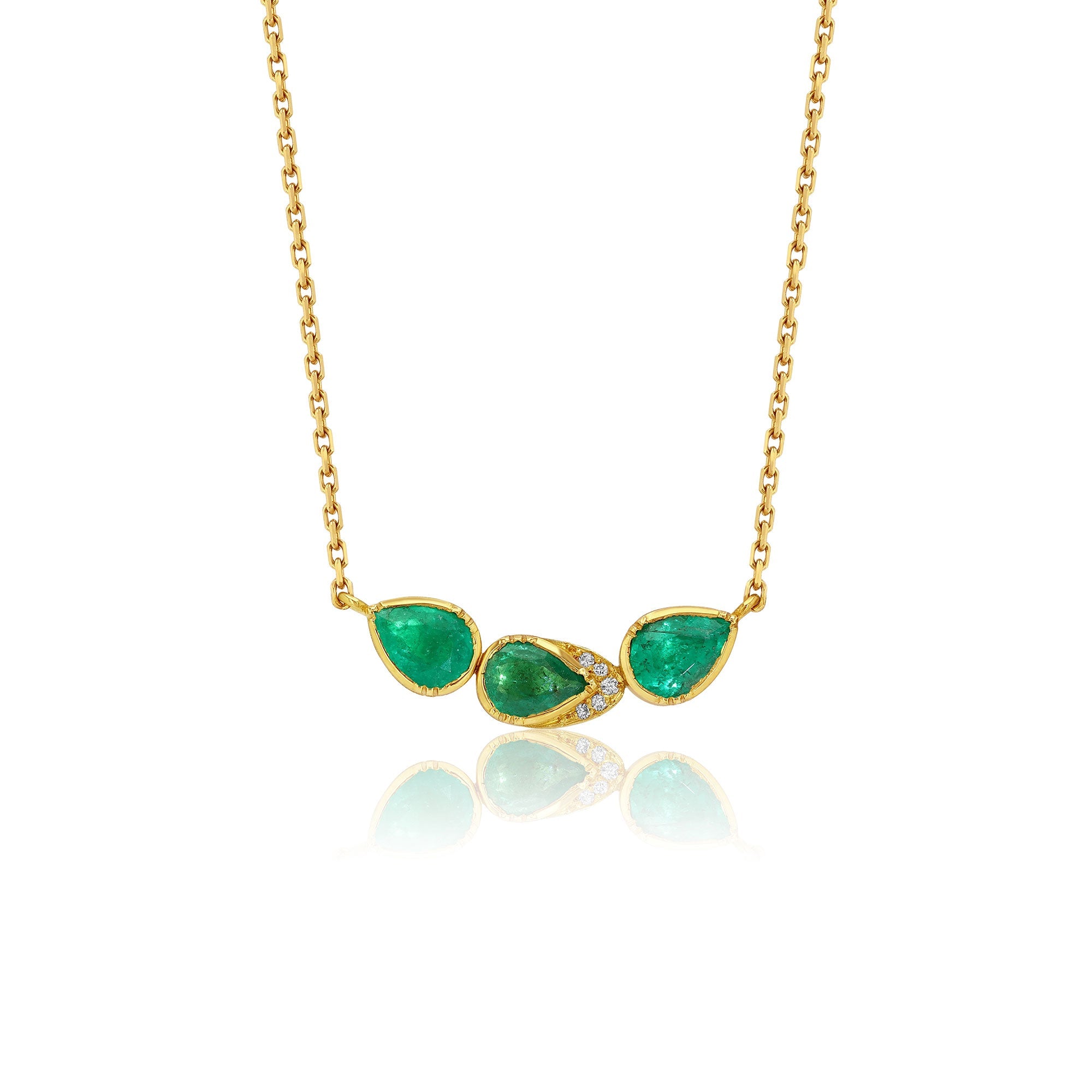 18K Gold necklace with green emerald gemstones and white diamond pave by jewelry designer brooke gregson on a white background