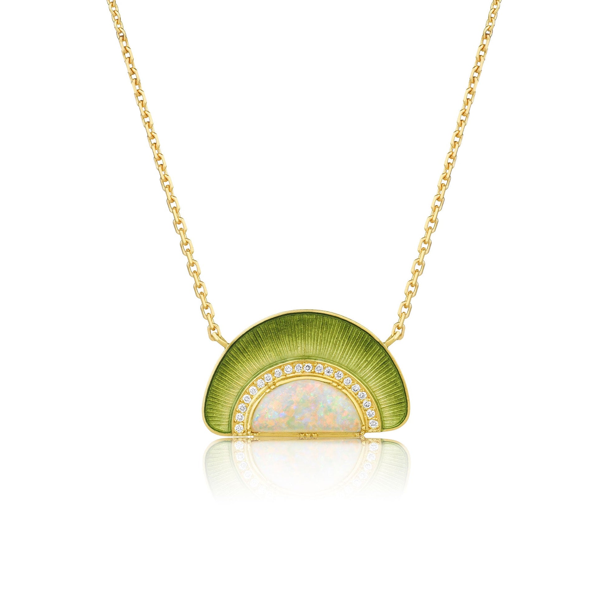 Gold necklace with a green enamelling, white diamond and opal pendant on a white background