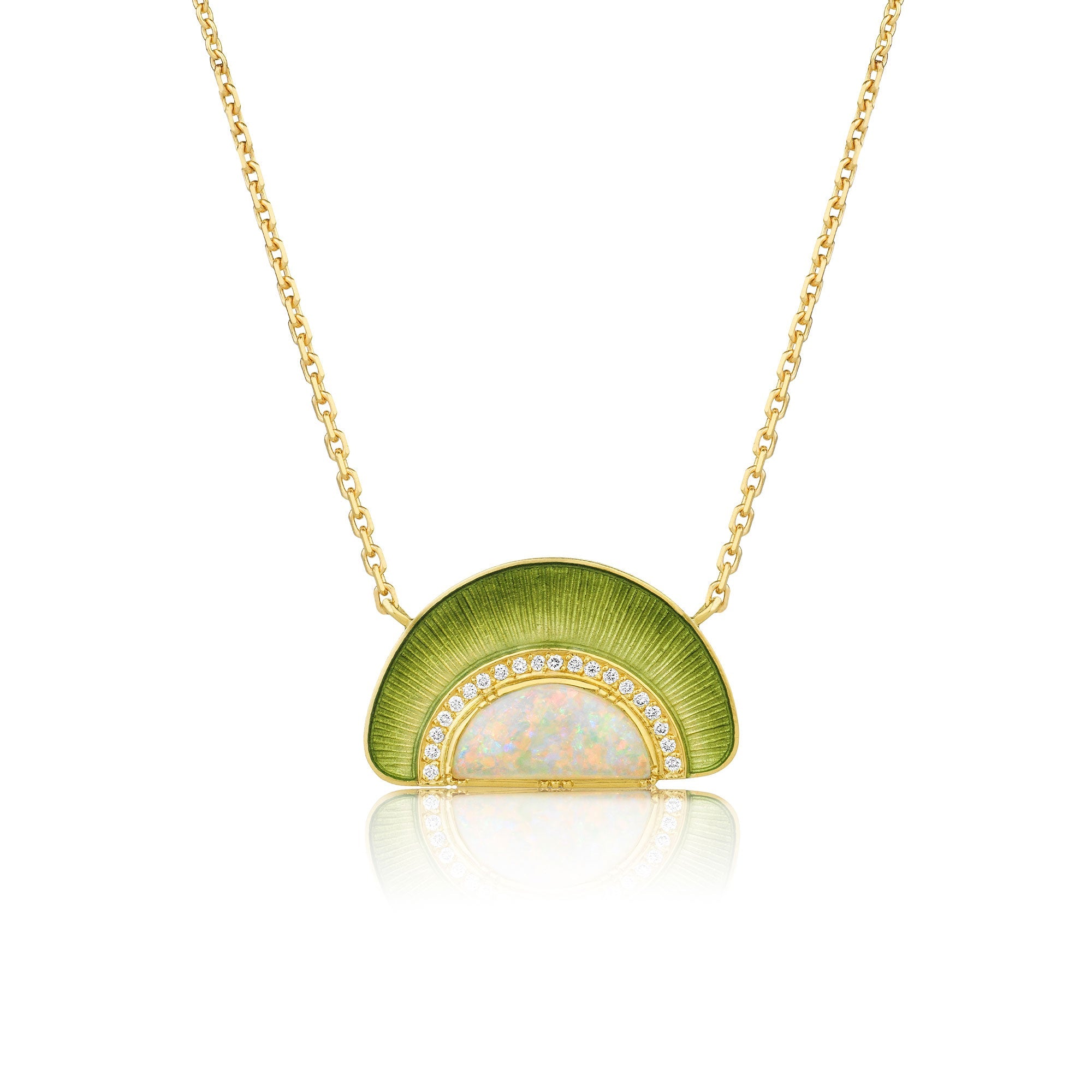 Gold necklace with a green enamelling, white diamond and opal pendant on a white background