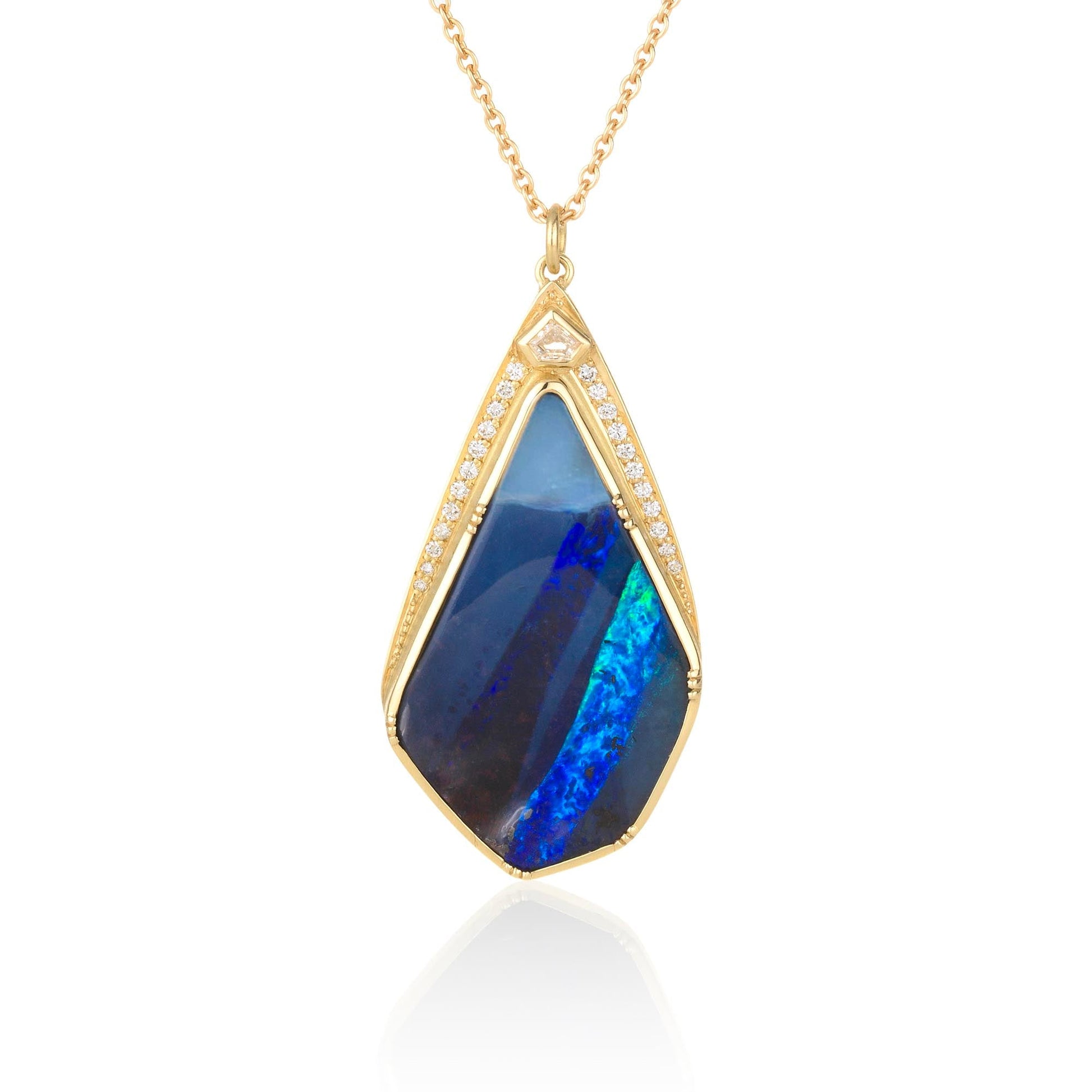 One of a kind 18k gold Boulder Opal necklace with white diamond highlights. Fine jewelry hand made in London.