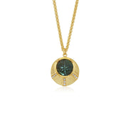 18k Gold necklace with a circular compass pendant featuring a labradorite stone with hand engraving and white diamond accents on a white background