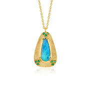 Boulder Opal Shield Emerald Engraved Necklace