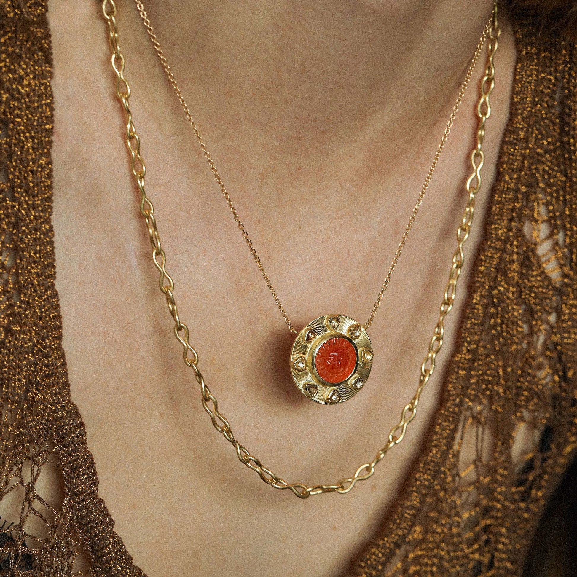 Close up of model wearing 18k gold chain link necklace handmade in Los Angeles from jewelry designer Brooke Gregson