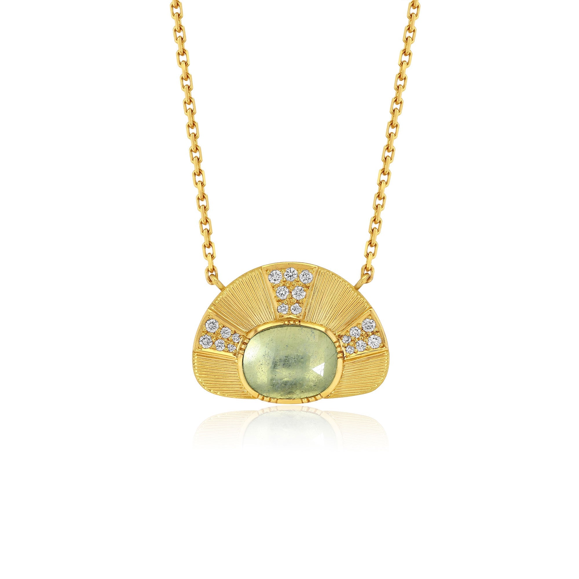 A gold pendant necklace featuring a fan-shaped design with a central oval light aquamarine green stone and small clear accent diamond stones, shown on a white background with a soft reflection.