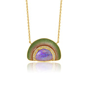 Gold pendant necklace featuring a semi-circular design with a green textured enamel outer section, a gold inner border accented with small diamond stones, and a central iridescent purple-blue opal.