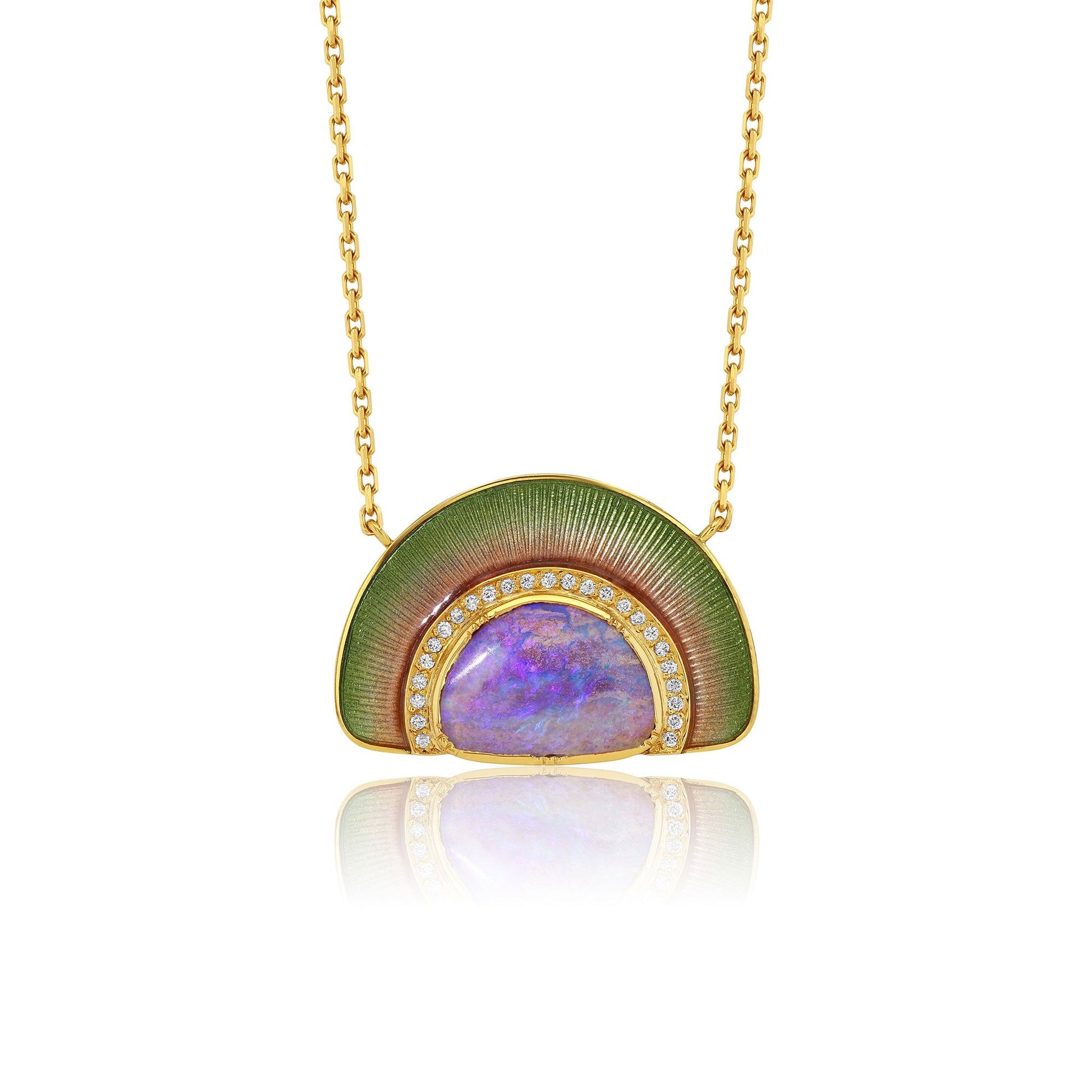 Gold pendant necklace featuring a semi-circular design with a green textured enamel outer section, a gold inner border accented with small diamond stones, and a central iridescent purple-blue opal.