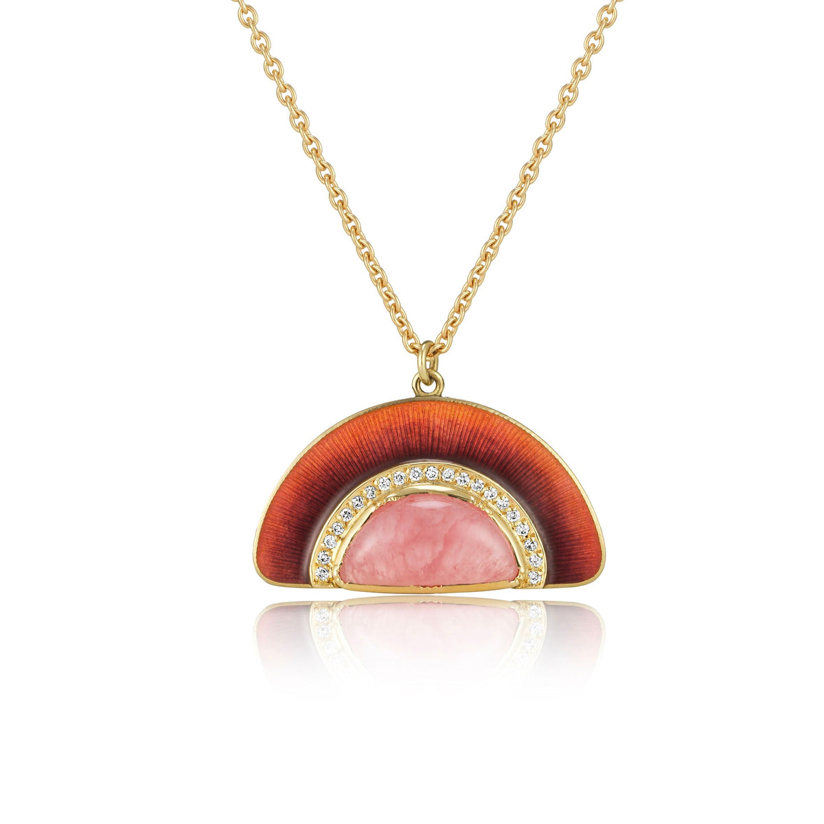 Gold necklace with a semi-circular pendant featuring a pink rhodochrosite stone center, a ring of small diamond stones, and a textured reddish-brown outer enamel section, shown on a white background with a soft reflection. Jewellery by designer Brooke Gre