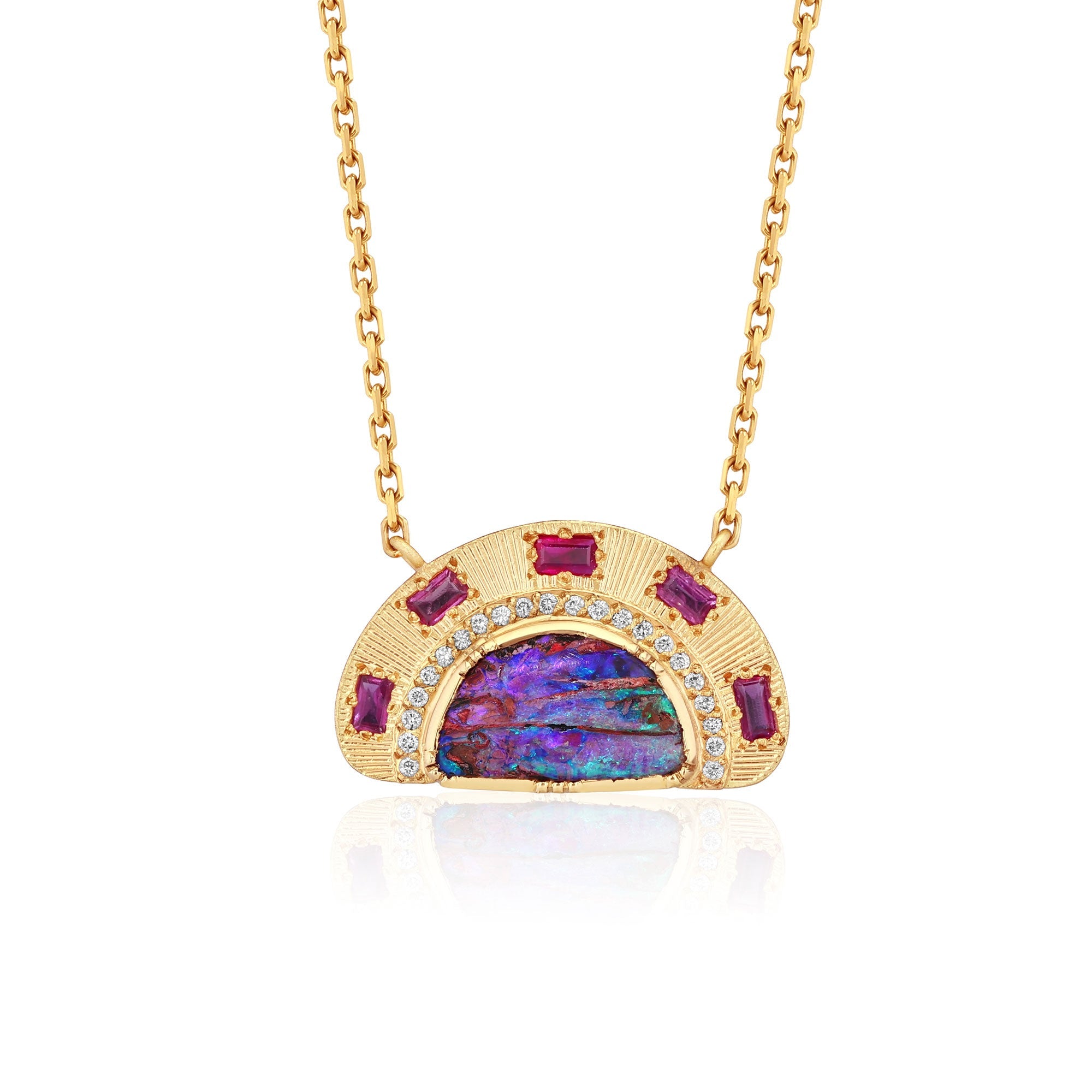 One of a kind 18k gold opal and ruby necklace by Los Angeles designer Brooke Gregson