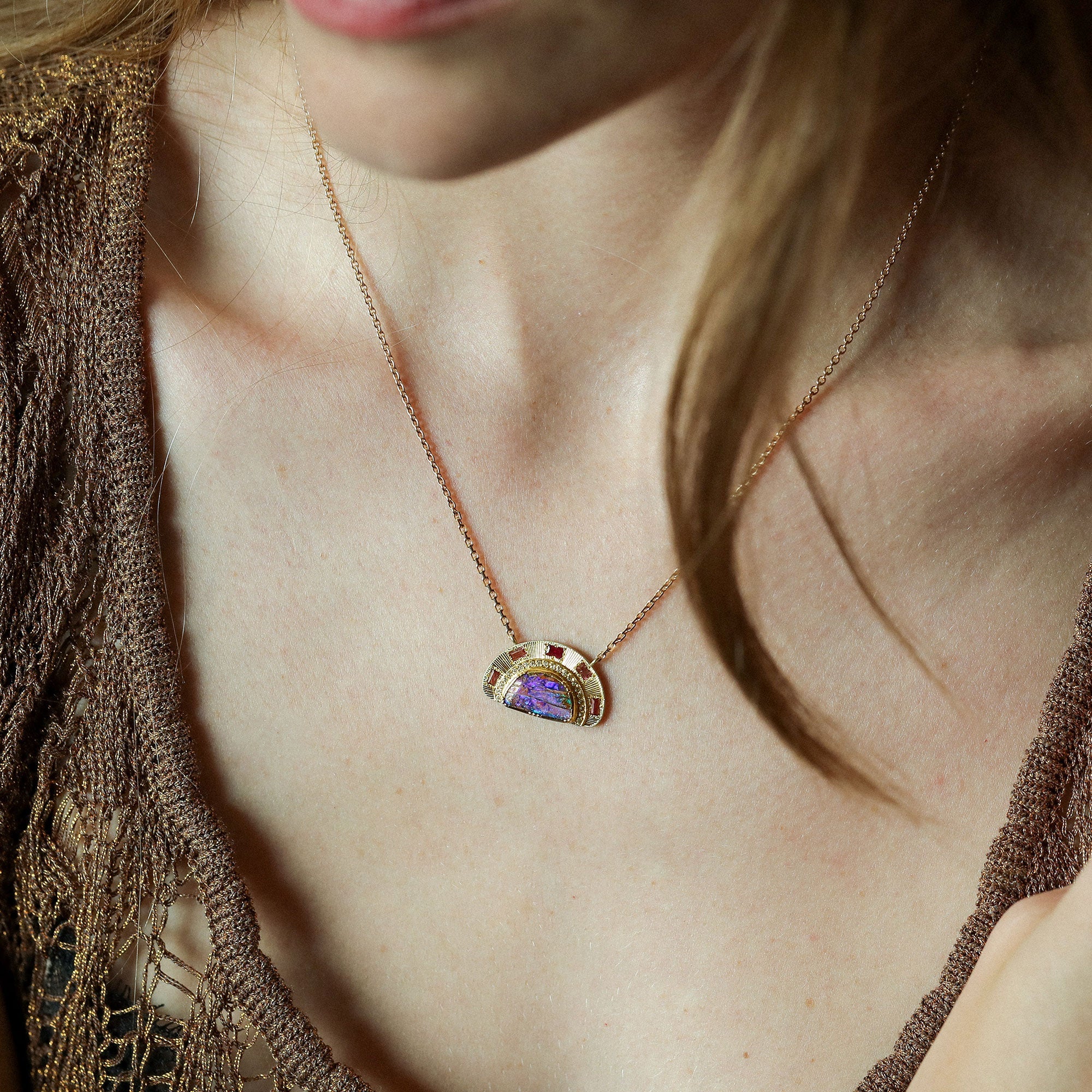 Engraved Sun Ray Opal Ruby Necklace