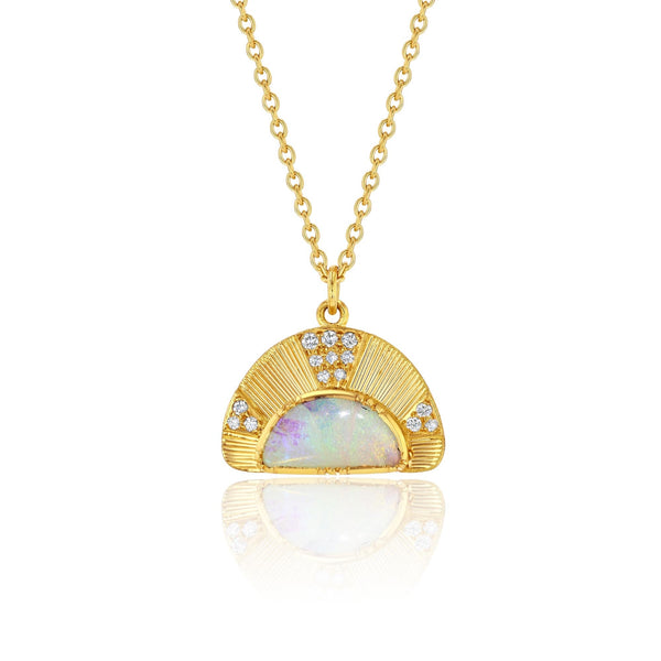 Engraved Sun Ray Opal Diamond Necklace