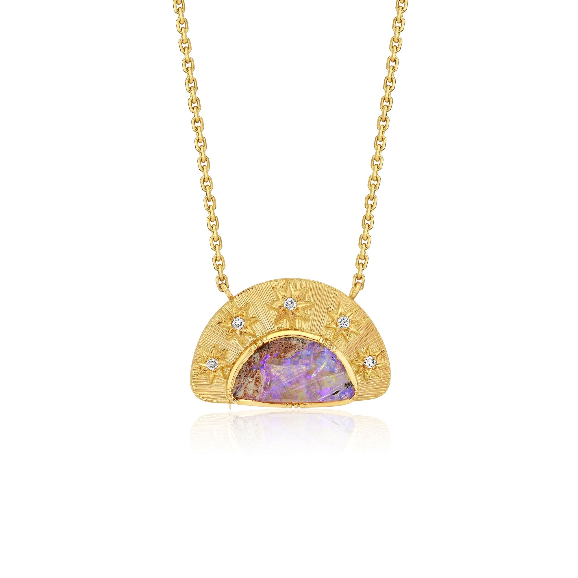 A gold pendant necklace featuring a semi-circular gold frame with small star details and tiny diamond stones, surrounding a central purple opal inlay. The necklace is displayed on a clean white background with a soft reflection.