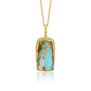 fossilised wood opal pendant necklace with white diamond halo on a white background