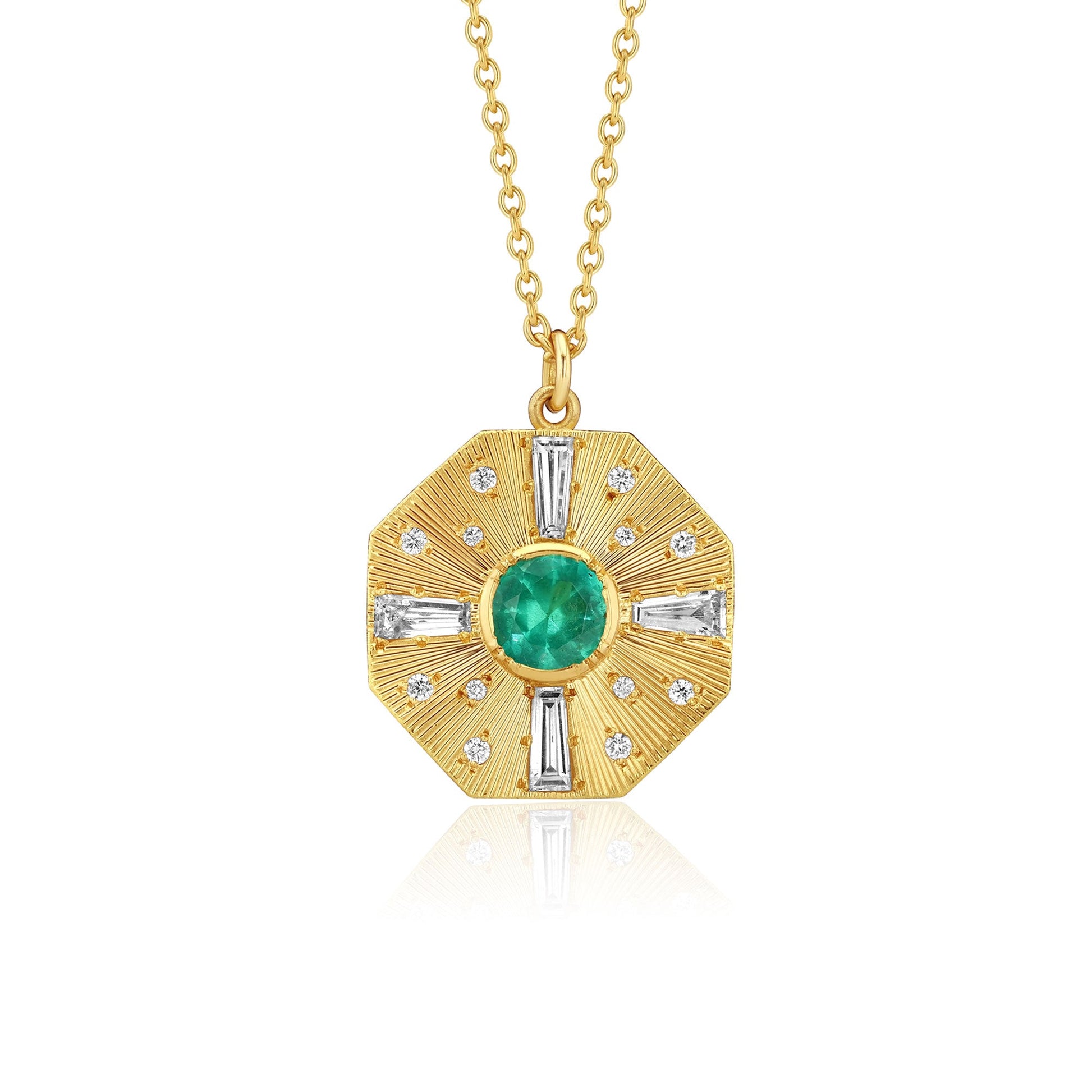 One of a kind Emerald and Diamond 18k gold engraved necklace from Los Angeles jewelry designer Brooke Gregson, handmade in London.